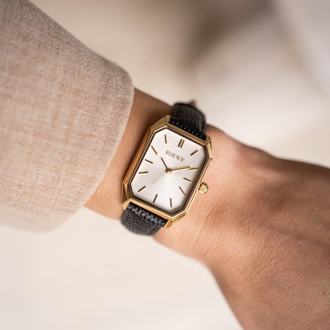 Женские часы BURKER Isabell Прямоугольные Аналоговые Кварцевые 28 мм Золотой Черная Кожа, фото №7