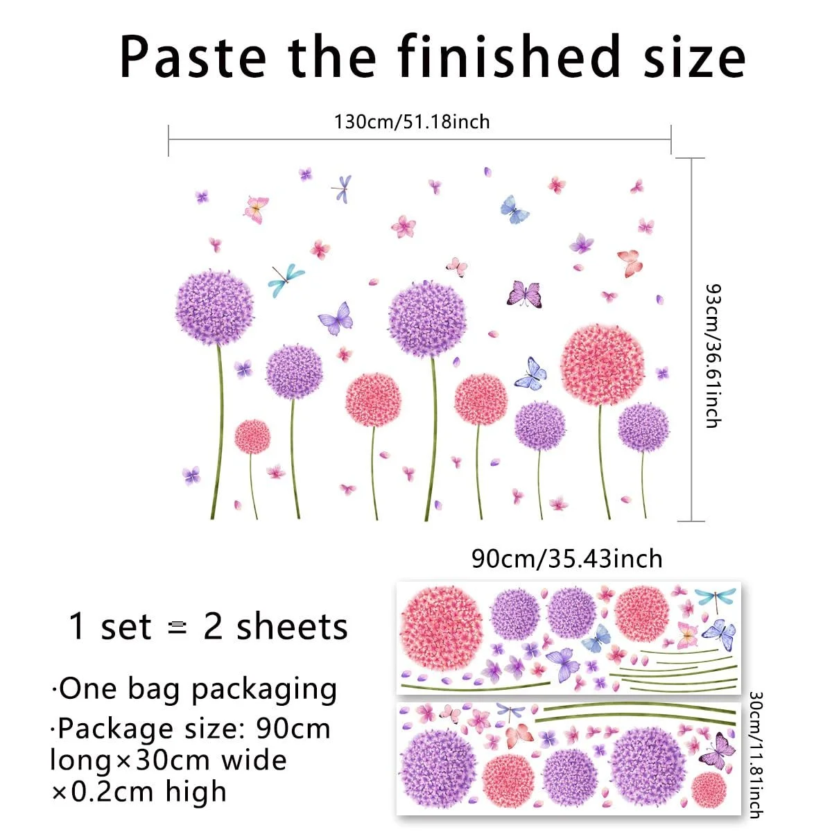 Велика наклейка на стіну Sinekong Кульбаба Фіолетові квіти Метелики Рослини Фіолетова, фото №2