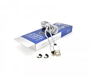 Магнитный кабель PiPo USB 2.0 Micro Lighting Type-C 2m 2А тканевая оплетка бронированный съемник Silver BOX - Фото 1