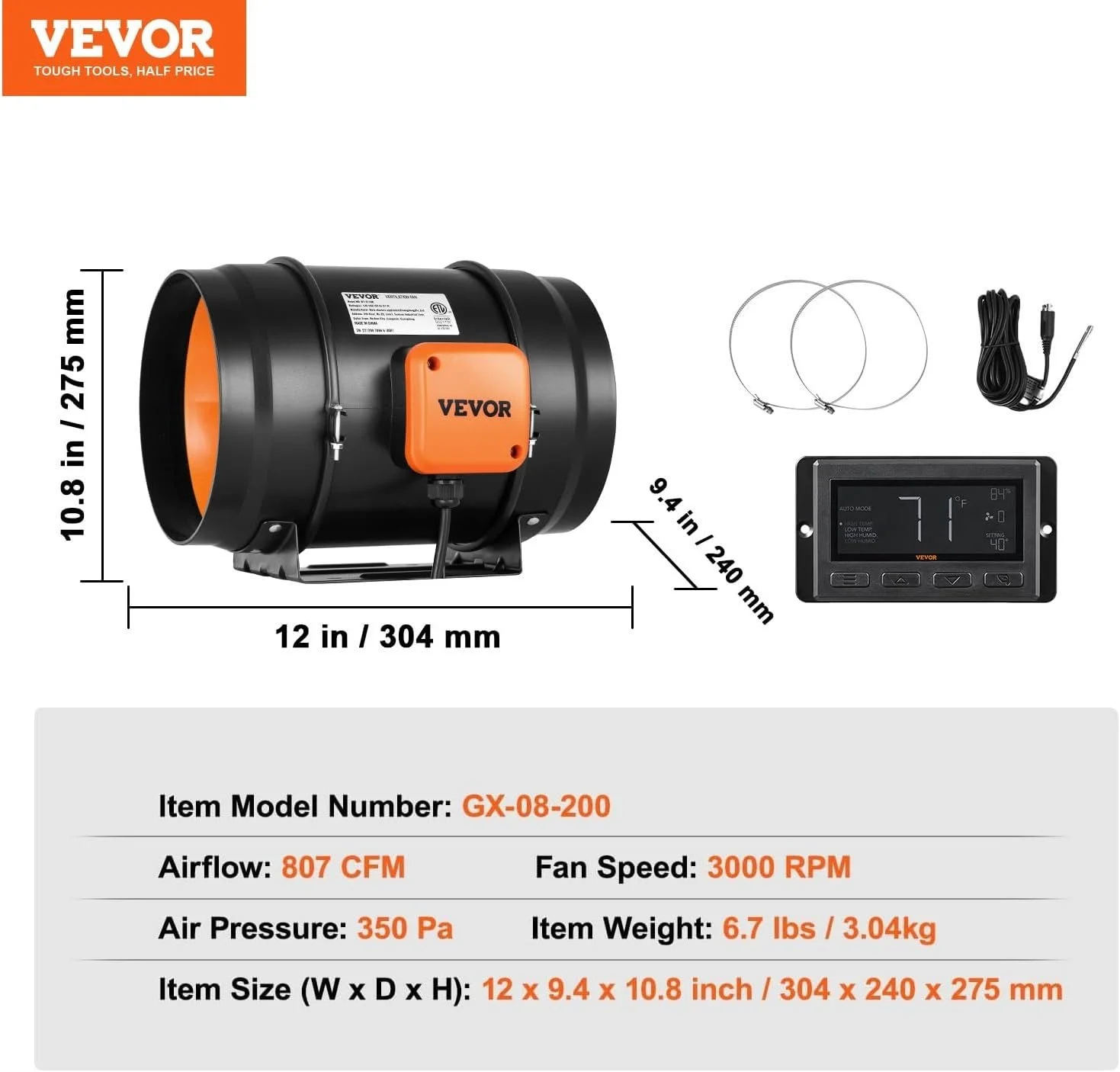 Канальный вентилятор VEVOR GX-08-200 с контроллером температуры и влажности / 200 мм / Тихий / Черно-Оранжевый, фото №2 Канальный вентилятор VEVOR GX-08-200 с контроллером температуры и влажности / 200 мм / Тихий / Черно-Оранжевый, фото №2