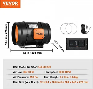 Канальний вентилятор VEVOR GX-08-200 з контролером температури та вологості / 200 мм / Тихий / Чорний-Оранжевий synthetic.ua - Фото 1