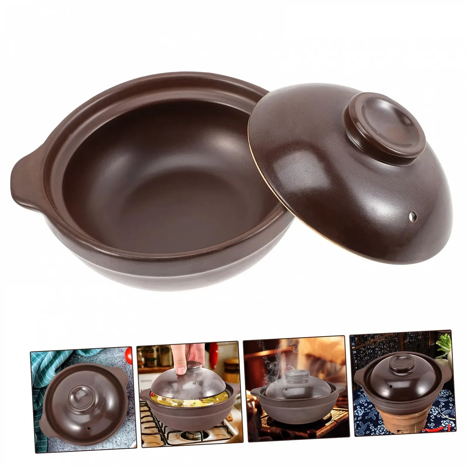 Кастрюля для тушения Lurrose Керамическая с крышкой Малая Коричневая, фото №5