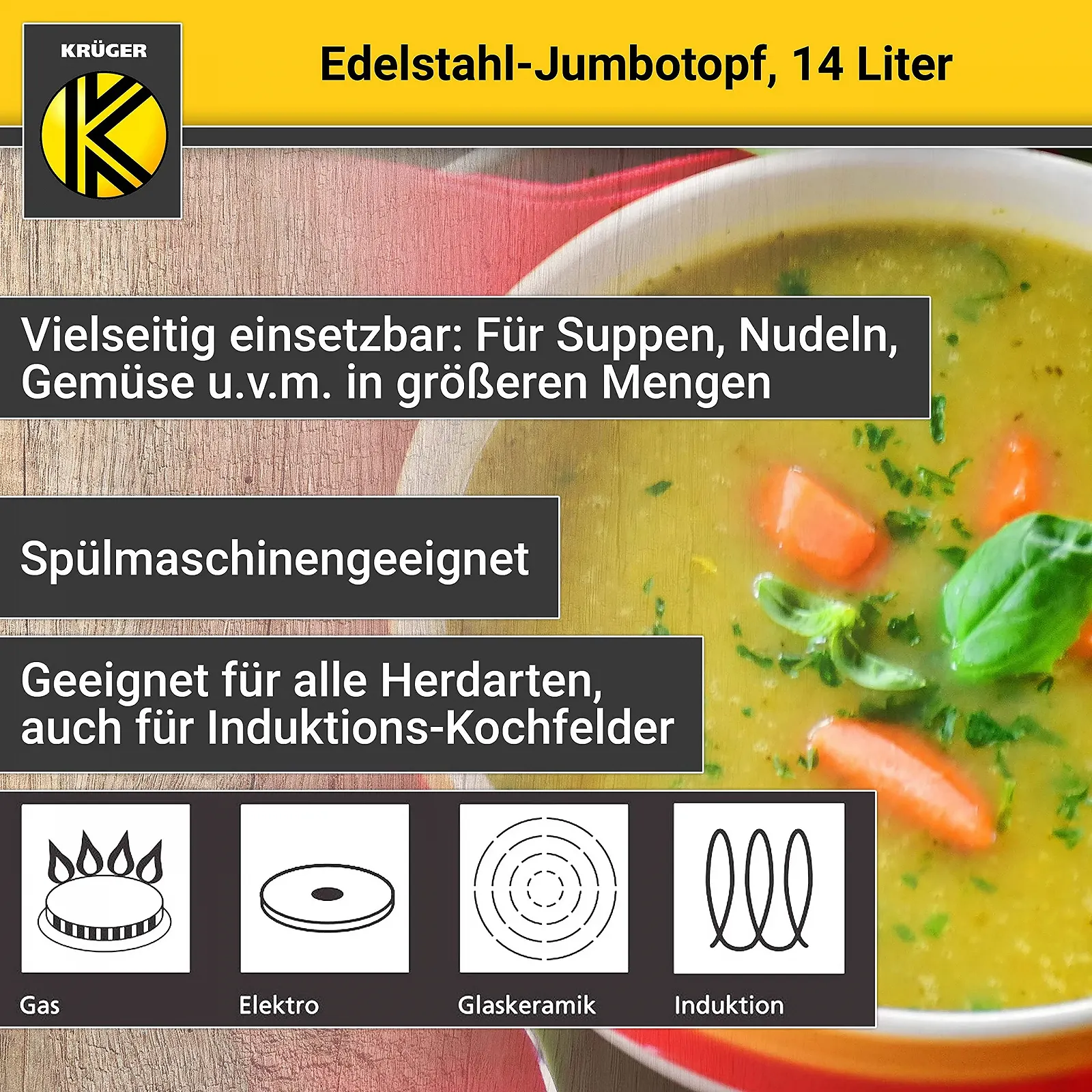 Кастрюля Krüger Jumbo из нержавеющей стали с крышкой для наблюдения за приготовлением пищи, фото №5 Кастрюля Krüger Jumbo из нержавеющей стали с крышкой для наблюдения за приготовлением пищи, фото №5