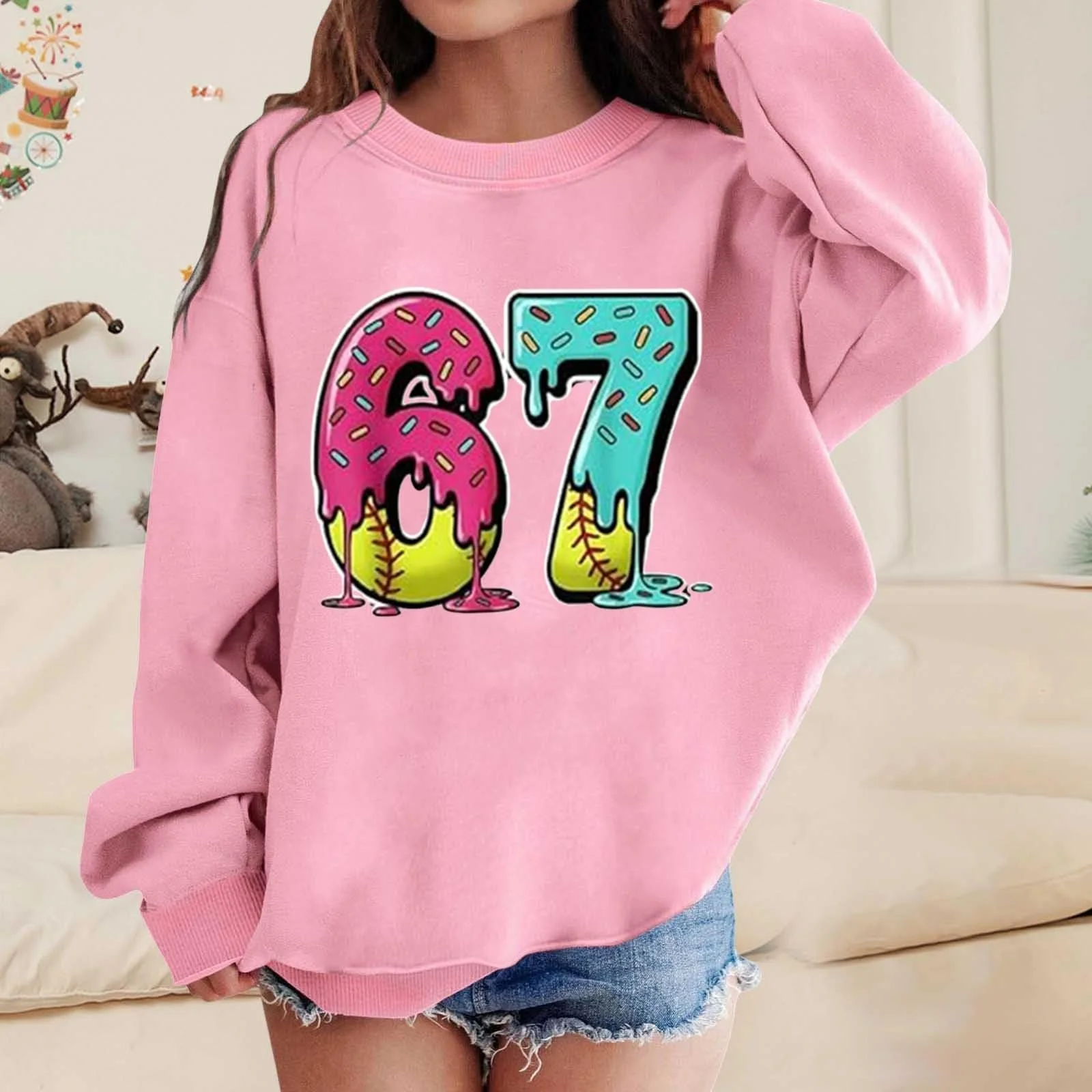 Пуловер для девочек, размер 140, повседневный свитшот свободного кроя с длинными рукавами и круглым вырезом – идеальный для повседневной носки, мягкая и удобная спортивная одежда для детей, фото №3