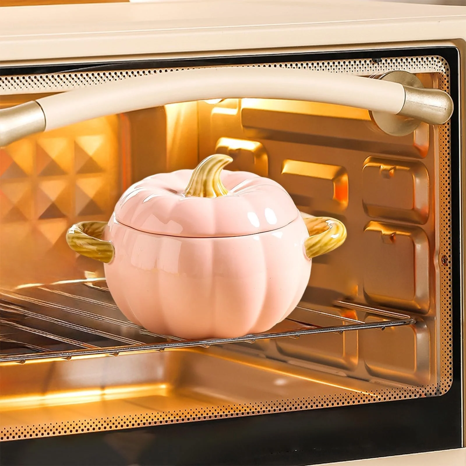 Кастрюля-форма для запекания Керамическая антипригарная с крышкой Тыква розовая, фото №6