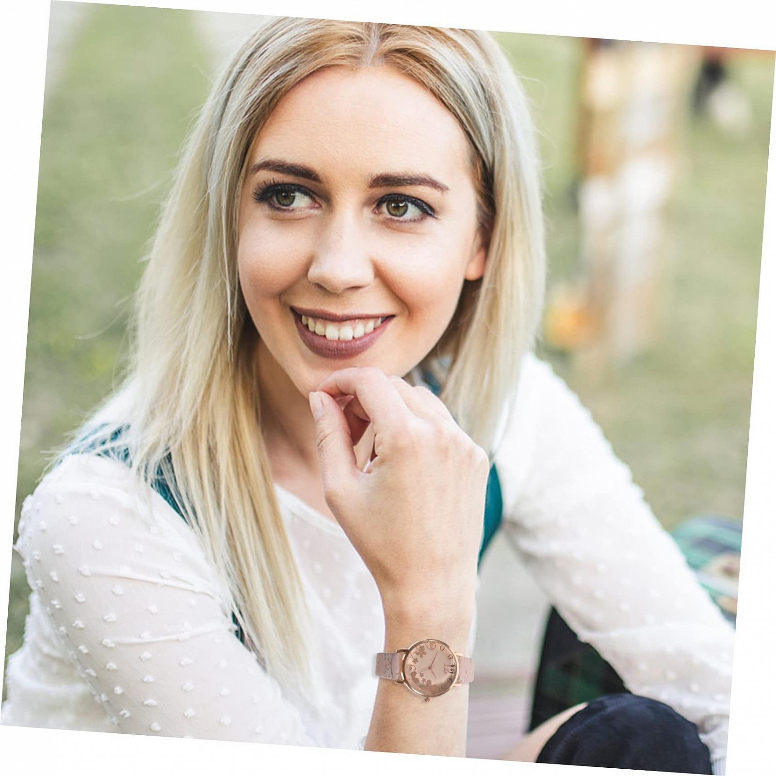 Часы OATIPHO Стильные часы Филигранные часы Элегантные женские часы Изысканные часы Кожаные часы для женщин Часы-украшение Цифровые часы Портативные часы Белый Стекло, розовый, Ремешок., фото №8