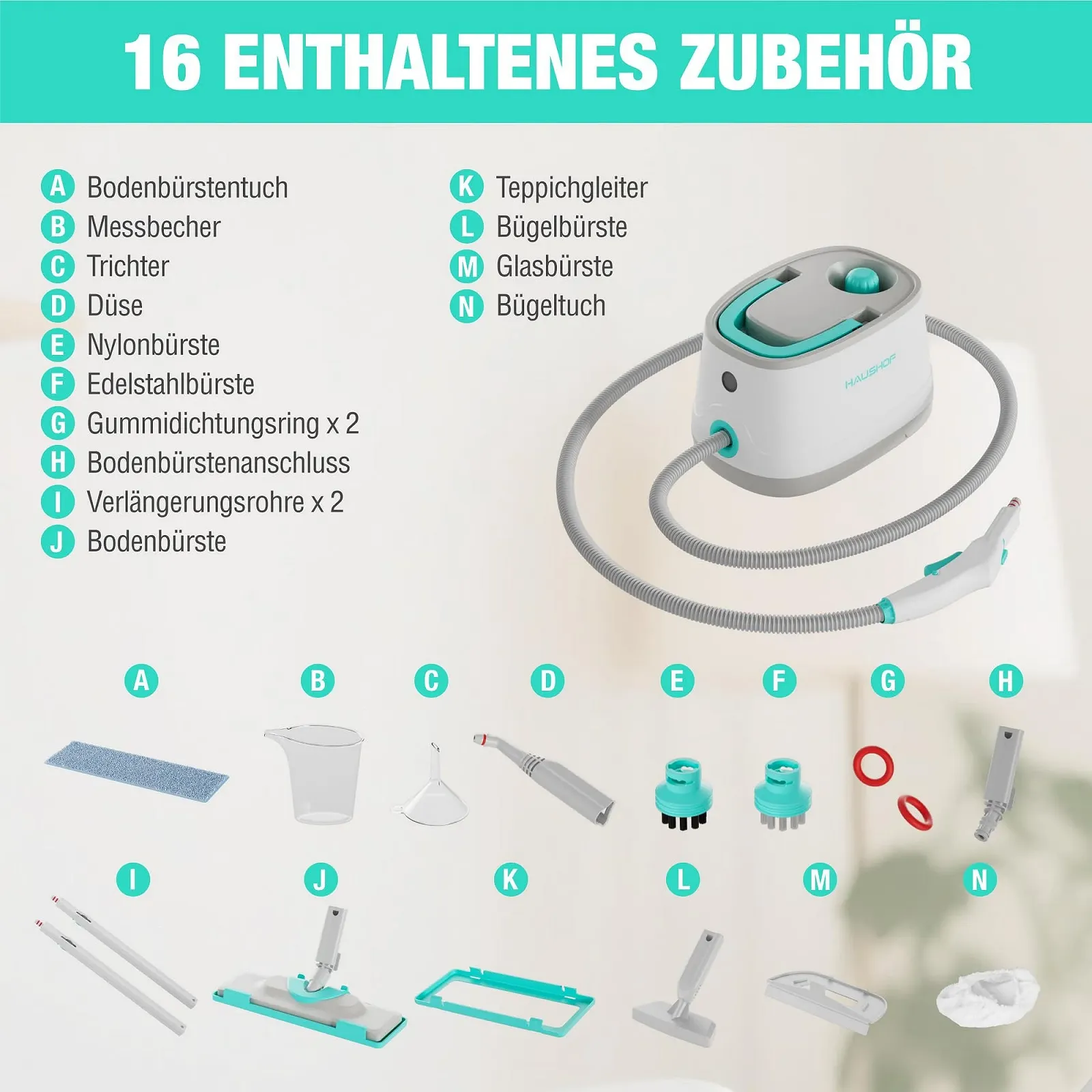 Пароочисник HAUSHOF 2000 Вт 1.5 л 4 бар з набором із 16 аксесуарів, фото №7