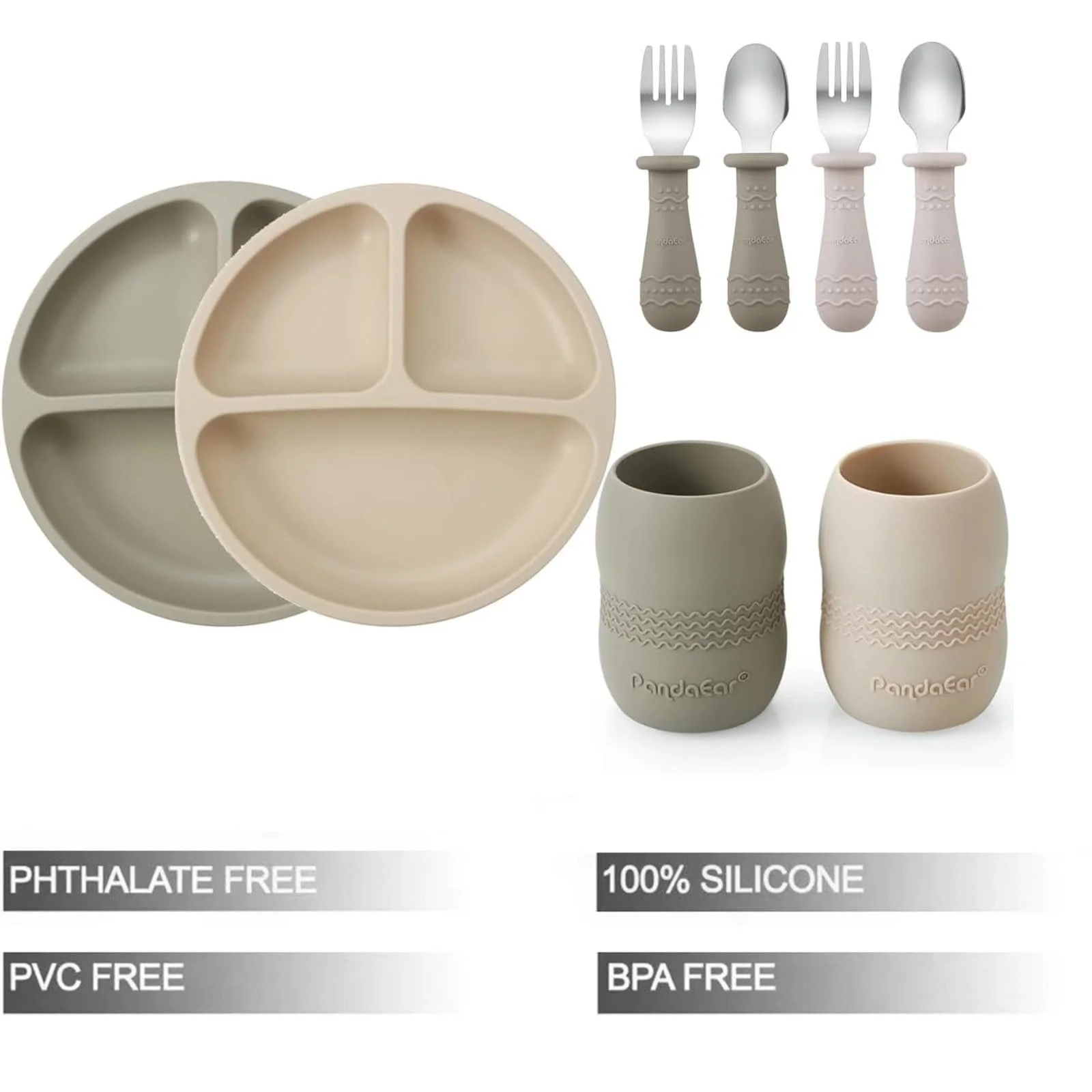 Набір для годування PandaEar Силіконова тарілка з роздільниками (2 шт) та маленька чашка (2 шт) з ложками (2 шт) і виделками (2 шт), фото №2 Набір для годування PandaEar Силіконова тарілка з роздільниками (2 шт) та маленька чашка (2 шт) з ложками (2 шт) і виделками (2 шт), фото №2