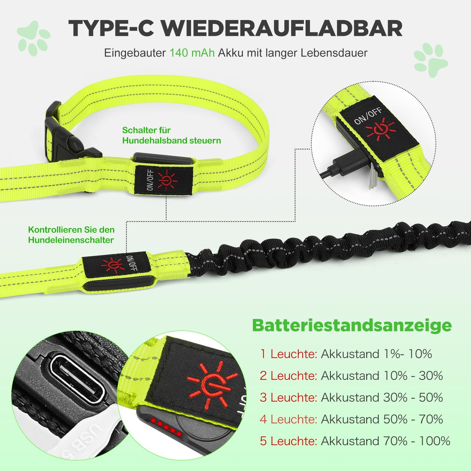 Набір нашийник з підсвічуванням та LED повідець 2-in-1 Type C 500 м Green, M, фото №3 Набір нашийник з підсвічуванням та LED повідець 2-in-1 Type C 500 м Green, M, фото №3