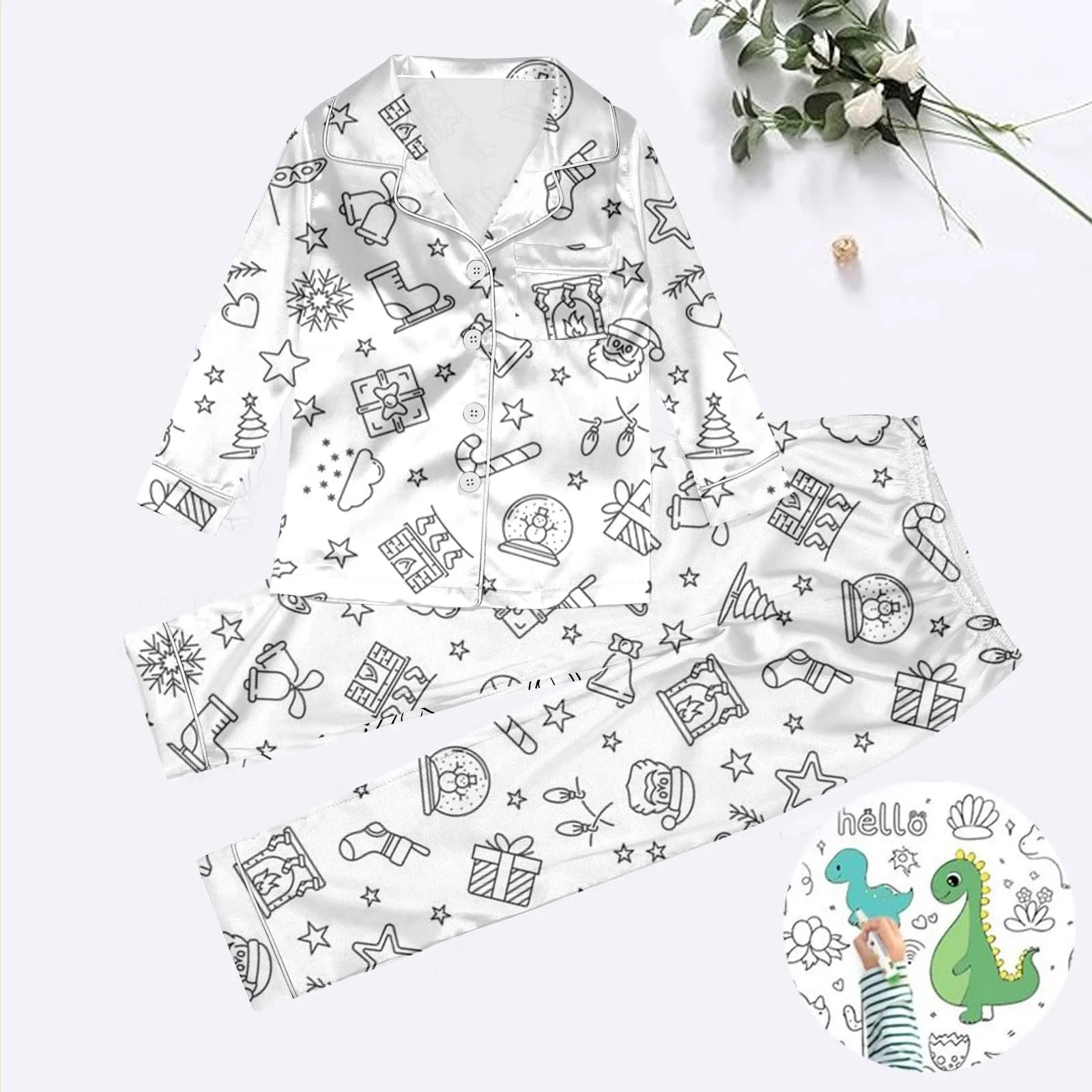 Дитяча піжама для розмальовування DIY, білий мультяшний принт, набір зимого домашнього одягу з двох частин, фото №4