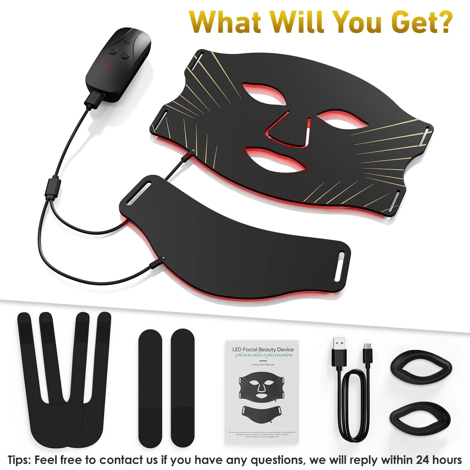 LED Маска для лица Ntyikul 7 цветов света, 5 уровней яркости, красный свет, с пультом дистанционного управления., фото №7