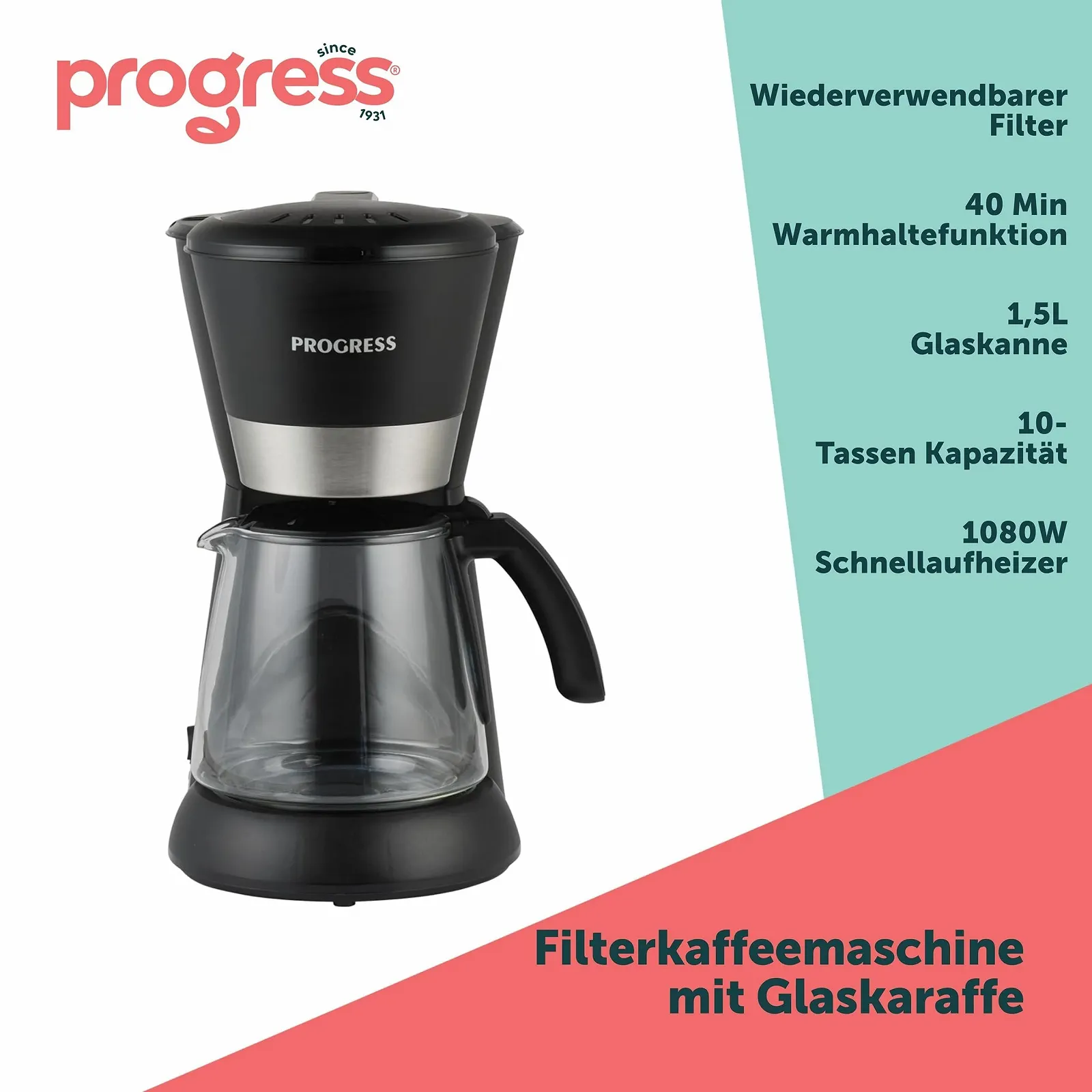 Кофеварка Progress EK6160PVDE 1.5 л 1080 Вт черная, фото №2