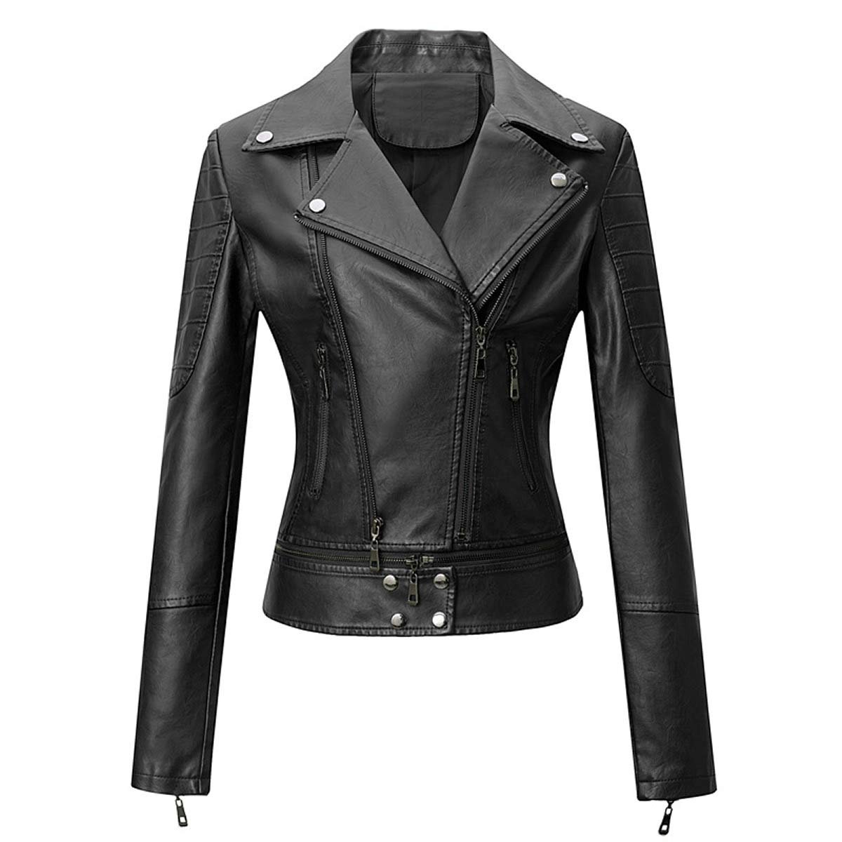 Куртка E-girl P8820 Женская мотоциклетная куртка из искусственной кожи, приталенная, на молнии, с лацканами, короткая, фото №1