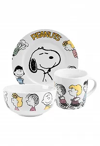Набор посуды The Peanuts Snoopy Family Breakfast, из 3 предметов, тарелка, миска и чашка, белый фарфор - Фото 1