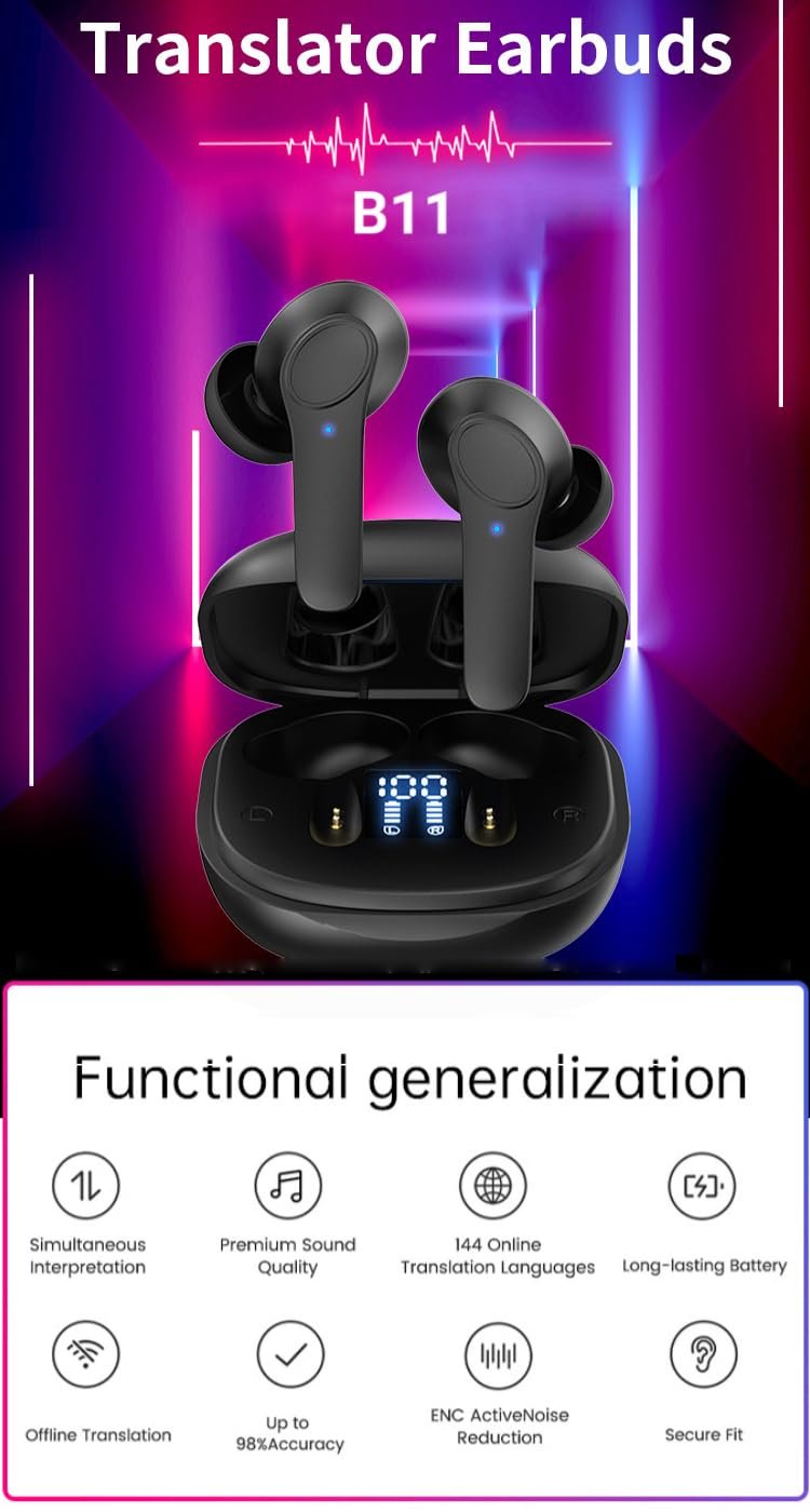 TWS B11, BT5.0 TWS Гарнитура-переводчик с шумоподавлением и цифровым дисплеем, поддержка 74 языков и 70 акцентов, интеллектуальные (Черный), фото №2