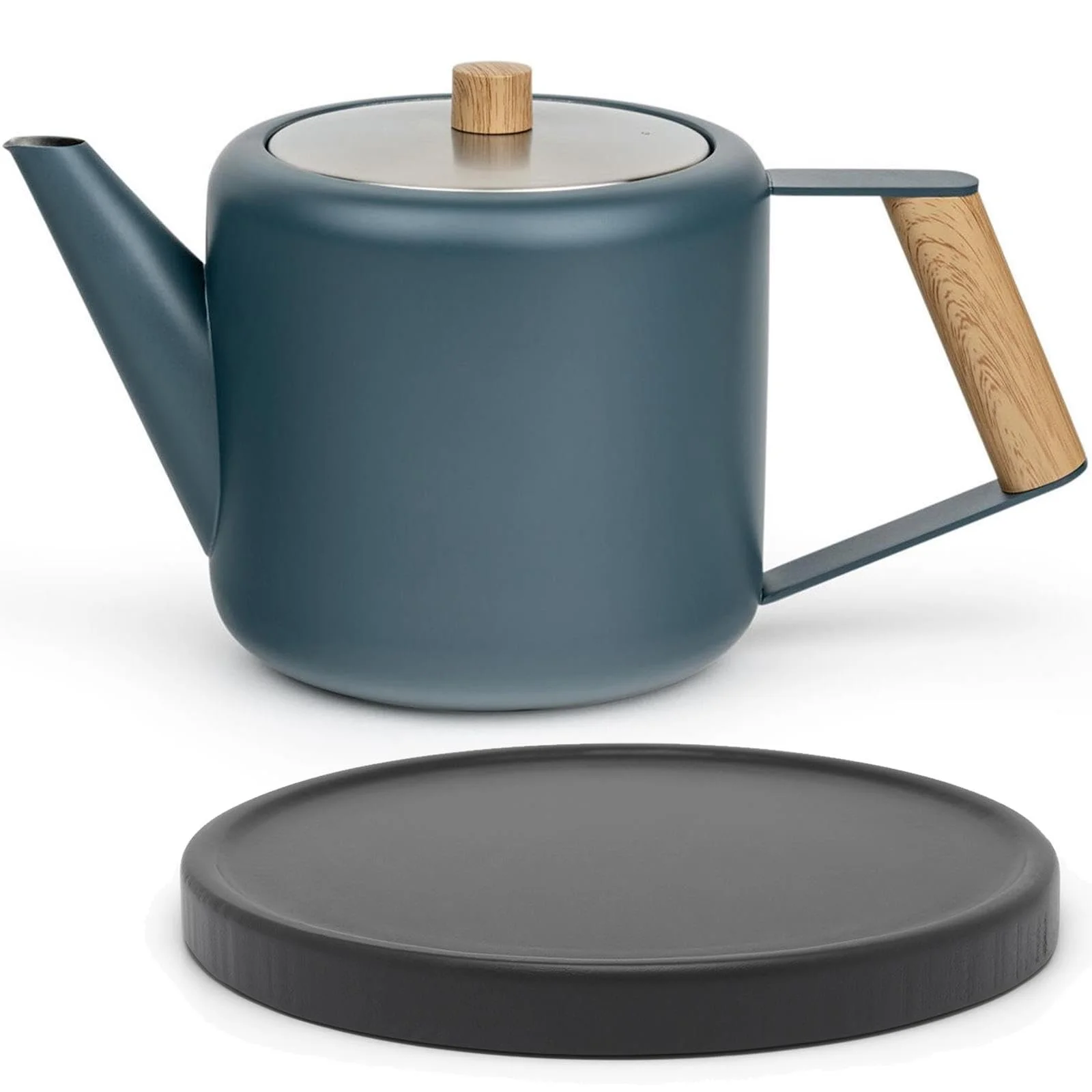 Чайник-заварник Bredemeijer Двостінний 1.1 літра Нержавіюча сталь Великий Ізольований Глечик з Чорною Дерев'яною Підставкою, Синій, фото №1