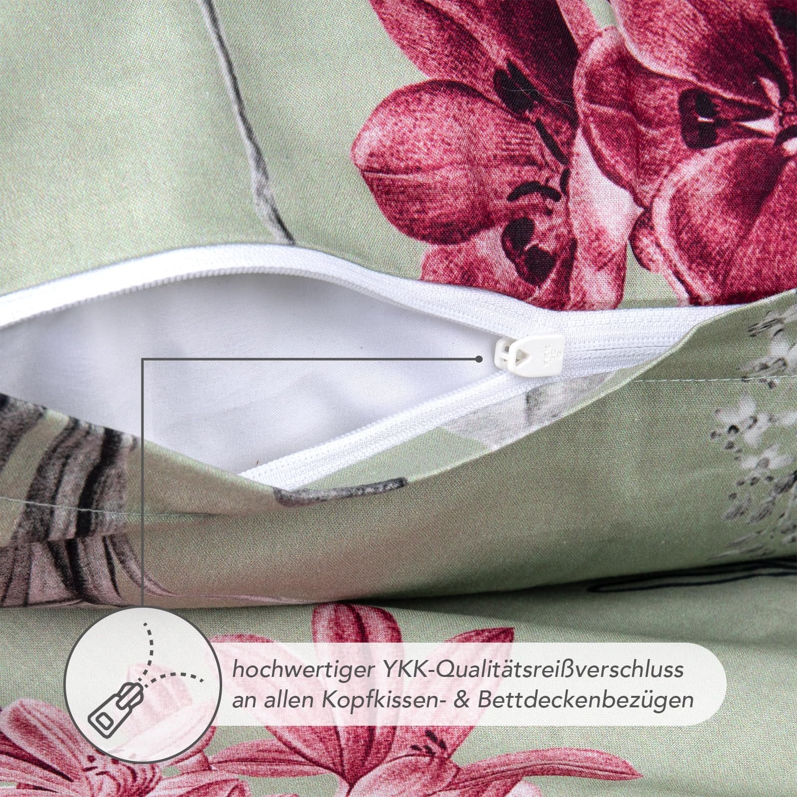 Постільна білизна з 4 предметів Pure Label Квіткова (135 x 200 см), з набором з 2 наволочок (80 x 80 см), надзвичайно м’яка постільна білизна, зелена, 100% бавовна, з блискавкою YKK, фото №3