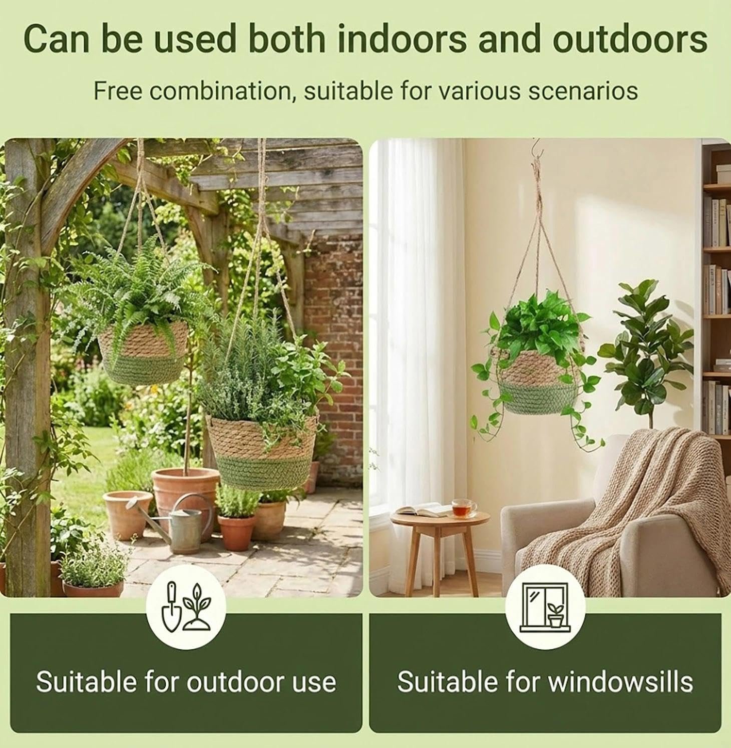 Підвісний квітковий горщик з морської трави набір з 2 штук, плетений вручну з мотузкою, 20 см, фото №4 Підвісний квітковий горщик з морської трави набір з 2 штук, плетений вручну з мотузкою, 20 см, фото №4