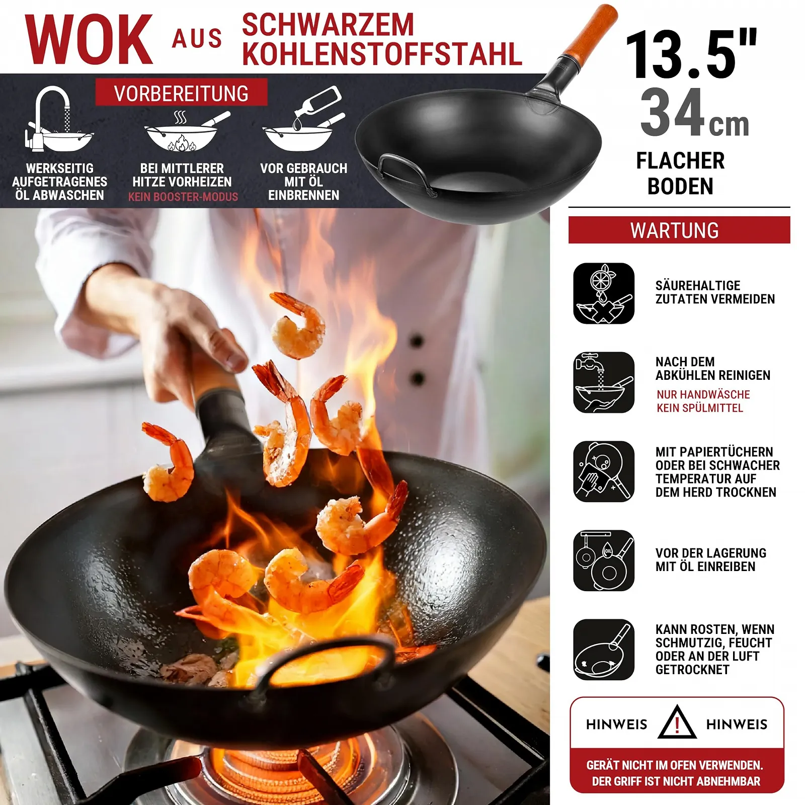 Сковорода-вок YOSUKATA из углеродистой стали, 34 см, с плоским дном, фото №3 Сковорода-вок YOSUKATA из углеродистой стали, 34 см, с плоским дном, фото №3