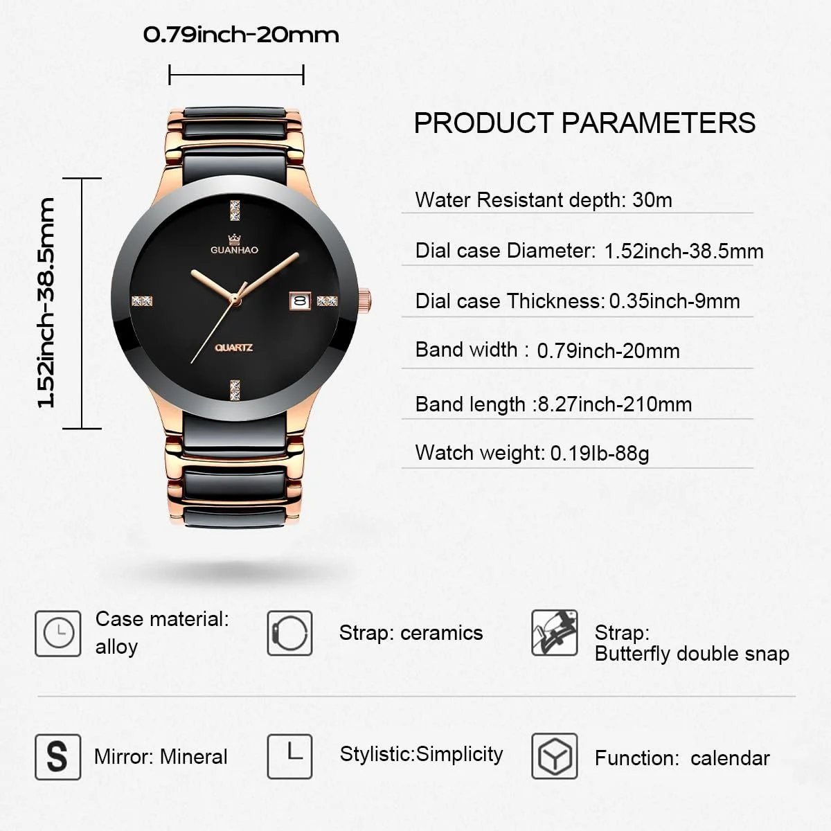 Керамічний чоловічий годинник Guanhao, чорний циферблат, фото №4