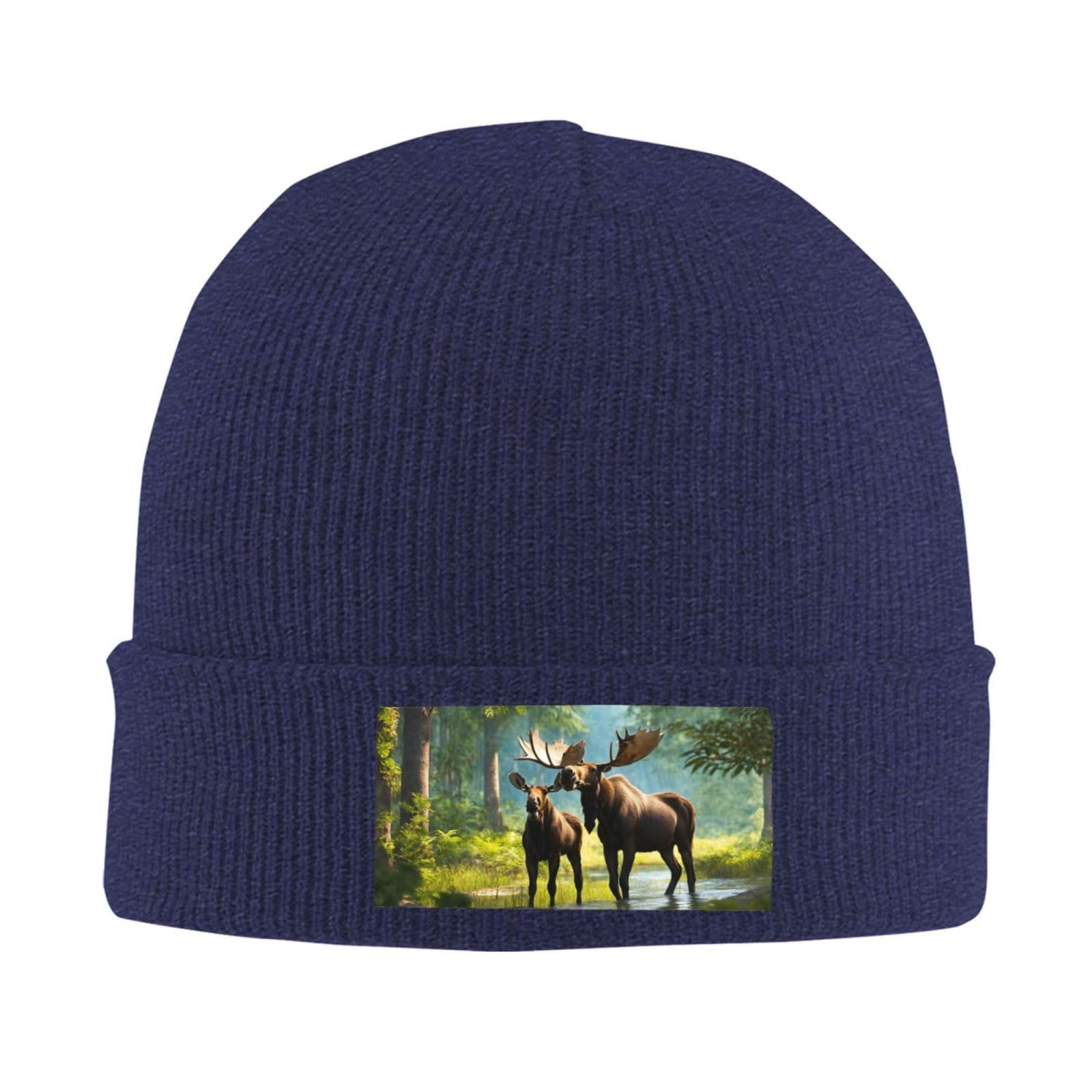 Теплая уютная шапка с принтом медведя, оленя и лося, универсальная зимняя, фото №2