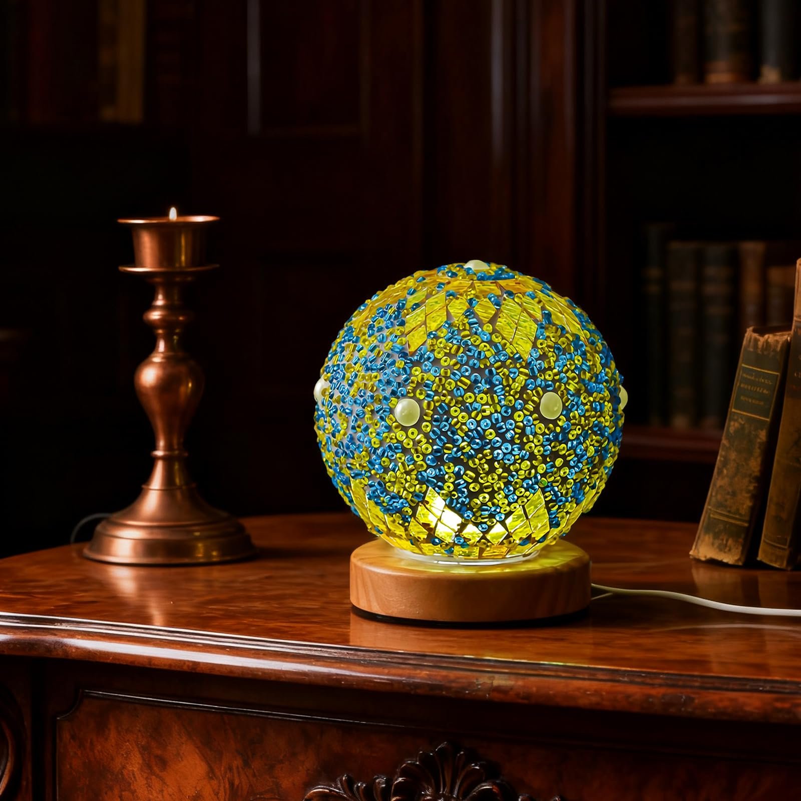 Настільна лампа Morocco Mosaic Скляна мозаїка Дерев'яна основа USB Moroc-Green, фото №1