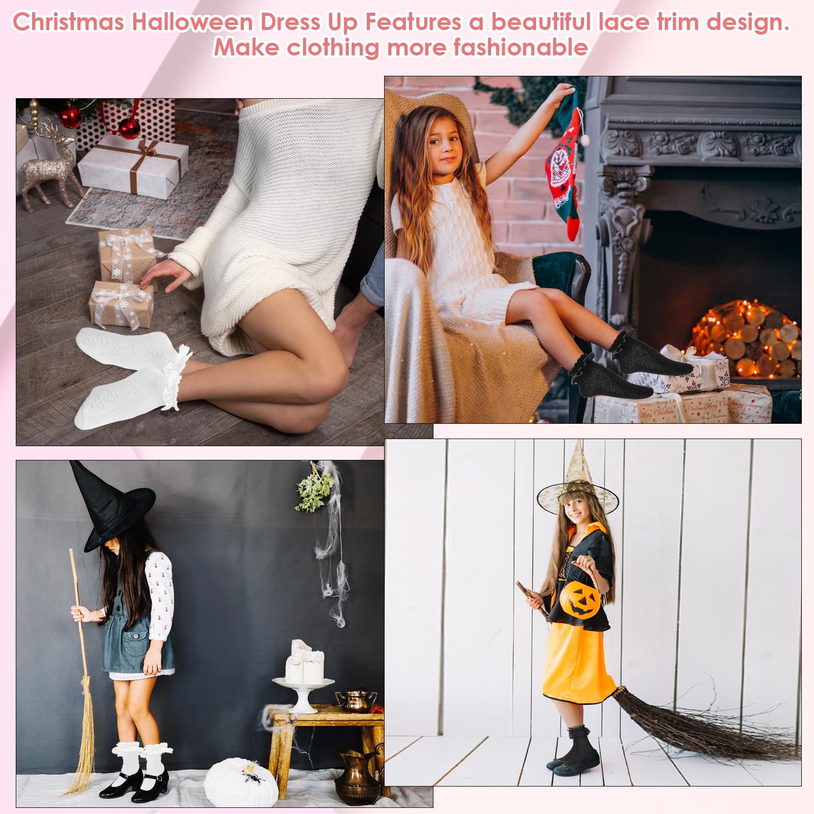 Шкарпетки з мереживними оборками 2 пари Бавовняні шкарпетки з оборками та стрічковою обробкою для жінок, фото №7