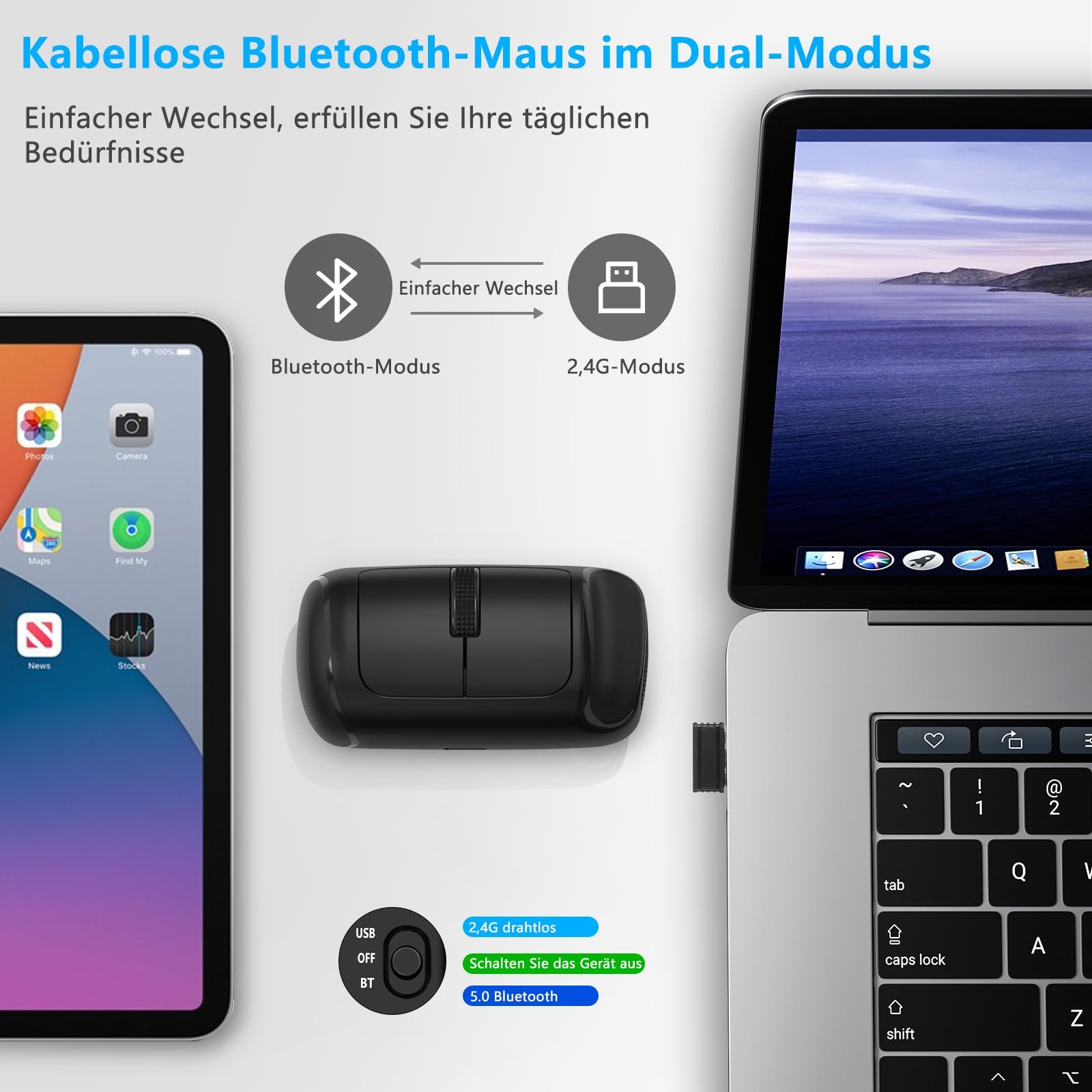 Мышь Bluetooth Horizontal, беспроводная перезаряжаемая (Dual Mode: BT 5.0 + 2.4G) 3200DPI Adjustable, тихая эргономичная для ноутбука, ПК, компьютера / Windows / Mac OS /, фото №2