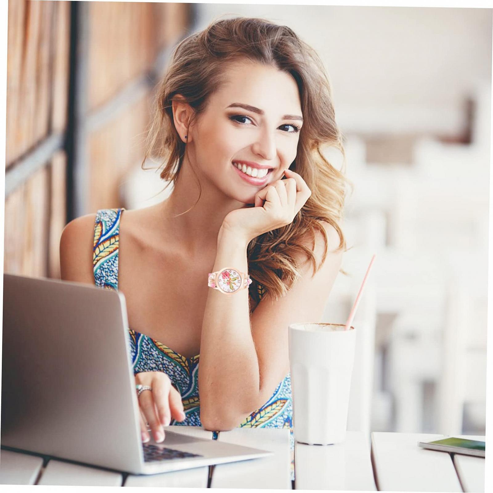 Годинник OATIPHO з кольоровим принтом, жіночий, зносостійкий, портативний, цифровий, кварцовий, рожева нержавіюча сталь, фото №5