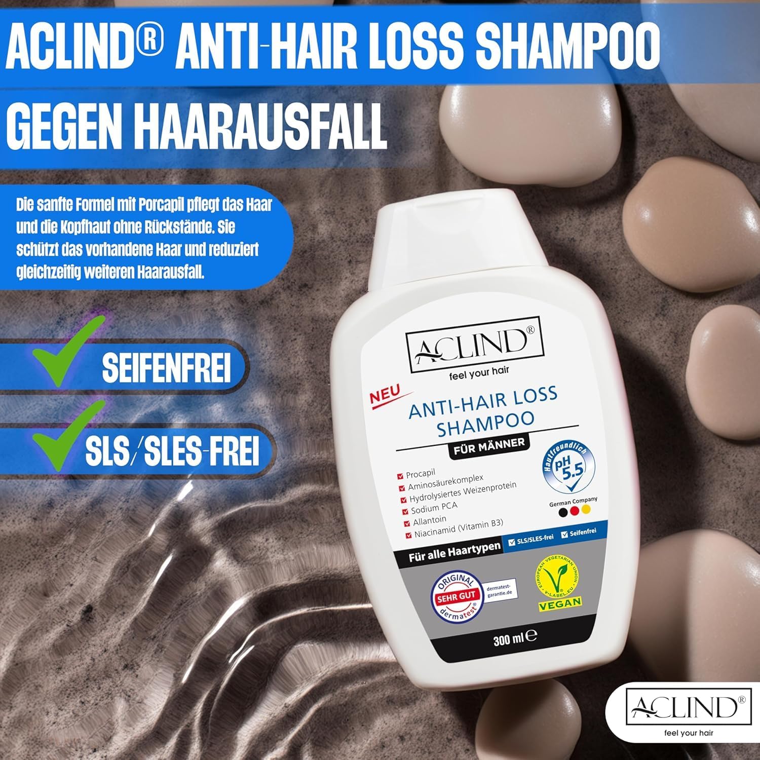 Шампунь ACLIND Проти випадіння волосся Органічні інгредієнти 300 мл, фото №5 Шампунь ACLIND Проти випадіння волосся Органічні інгредієнти 300 мл, фото №5