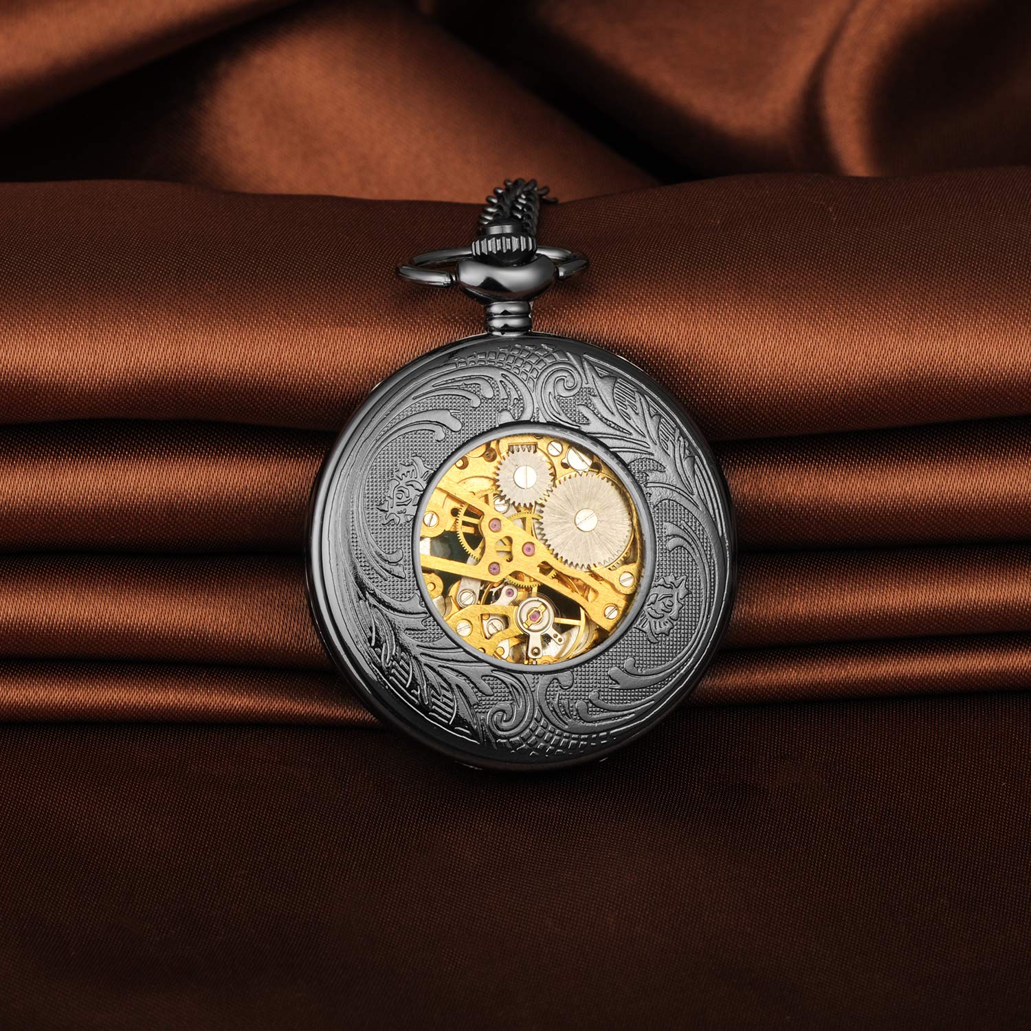 Кишеньковий годинник Unendlich U Retro Hand-Winding Mechanical з римськими цифрами і ланцюжком чорний, фото №4