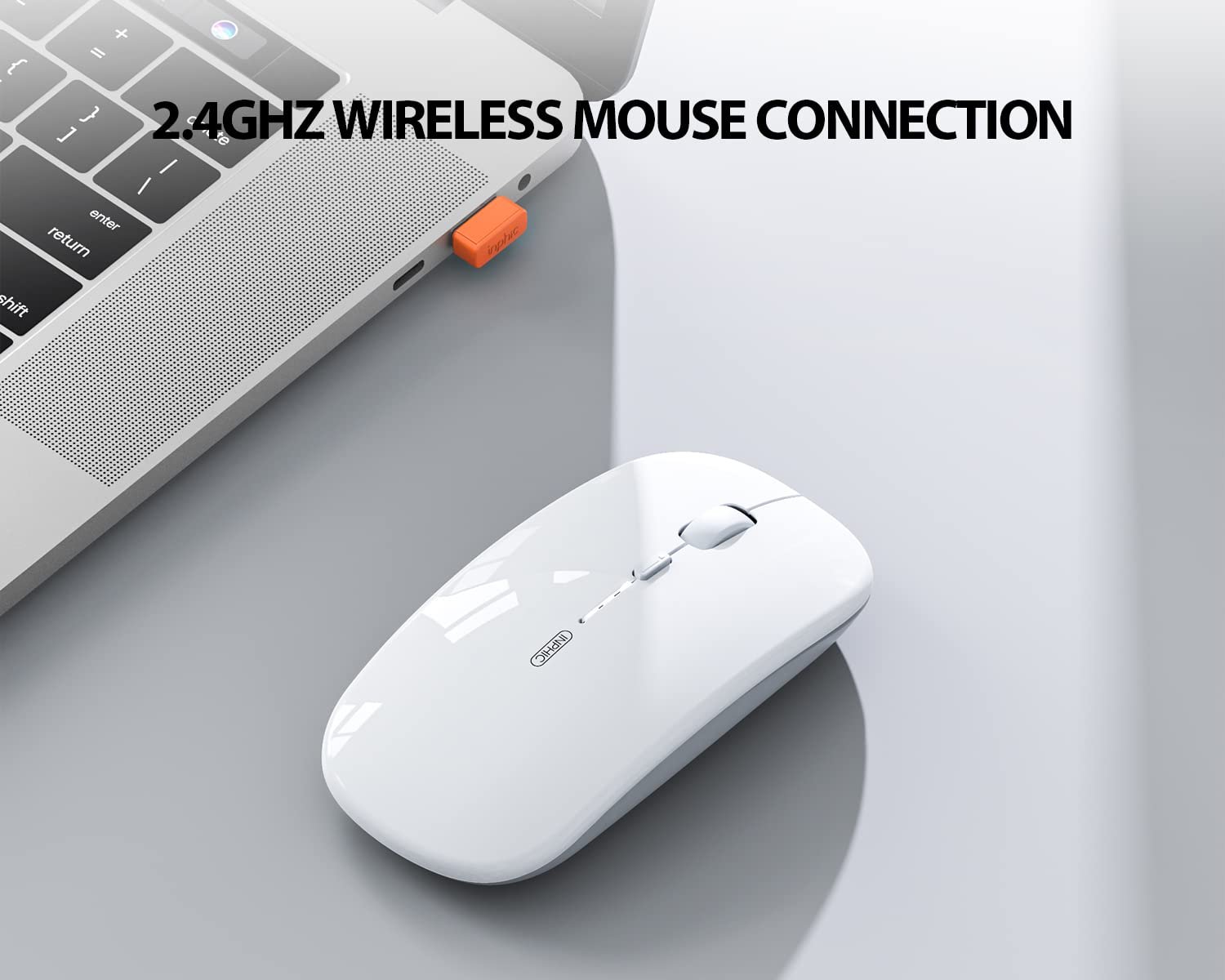 Мышь Inphic Беспроводная Перезаряжаемая Ультратонкая 2.4G Тихая Беспроводная Оптическая Компьютерная Мышь 1600 DPI с USB Приемником для Ноутбука ПК Mac MacBook Windows Office Видимый Уровень Заряда Батареи Белая, фото №2