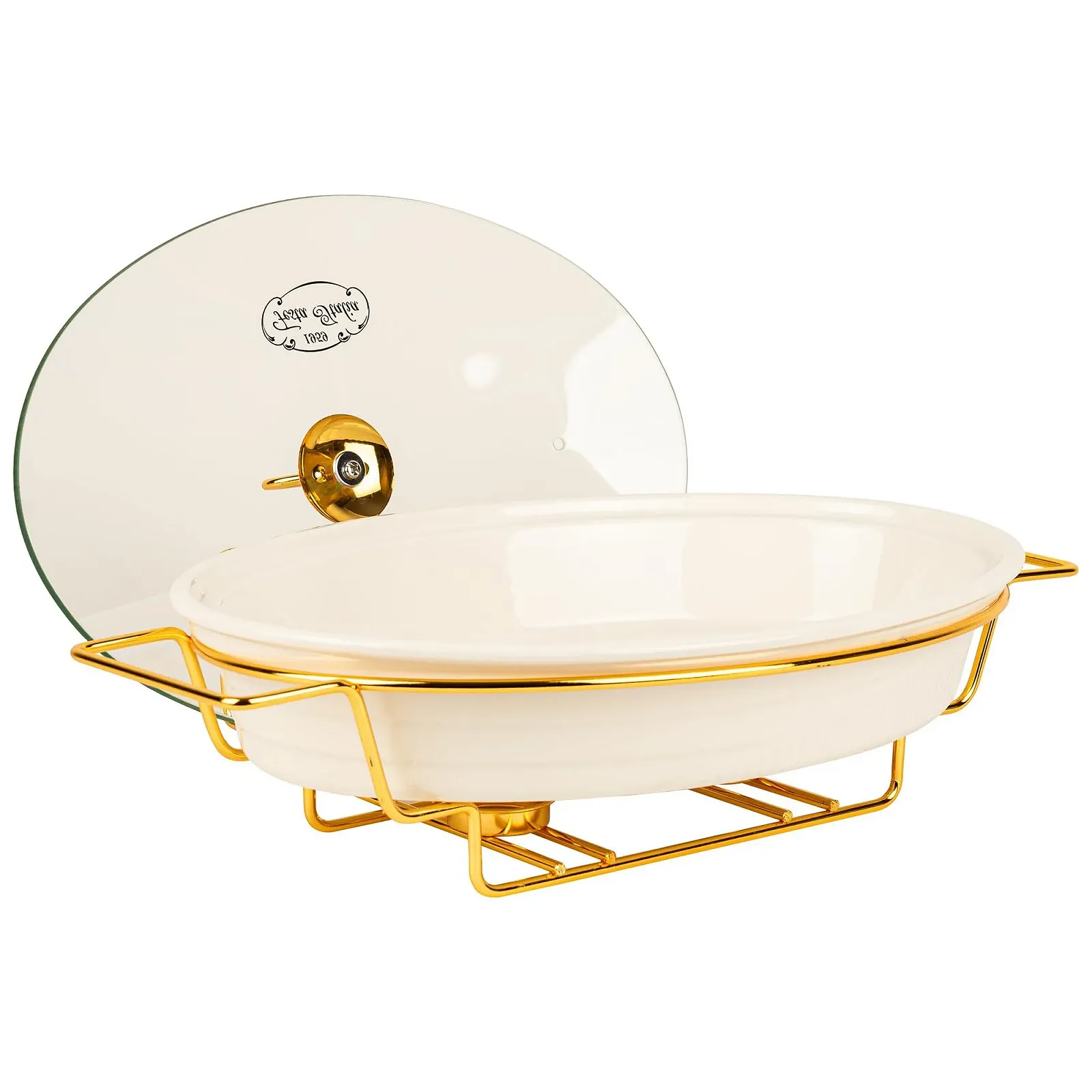 Форма для запекания 2.1 L керамическая овальная с крышкой и подставкой для подогрева белая, фото №2