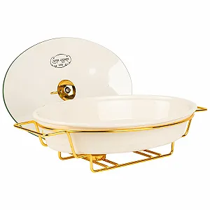 Форма для запекания 2.1 L керамическая овальная с крышкой и подставкой для подогрева белая synthetic.ua - Фото 1