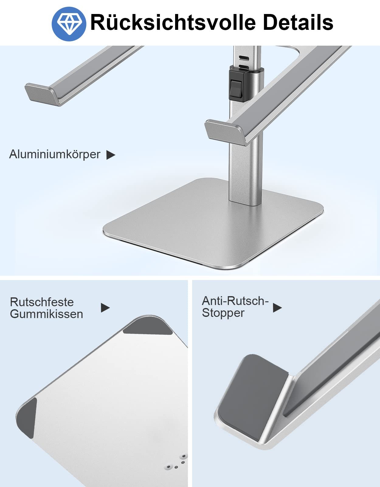 Подставка для ноутбука Babacom, регулируемая высота (8 положений), алюминиевые охлаждающие подкладки, эргономичная вентилируемая подставка, совместима с MacBook, Air, Pro, все 10-16 дюймовые ноутбуки - Серебристый, фото №5