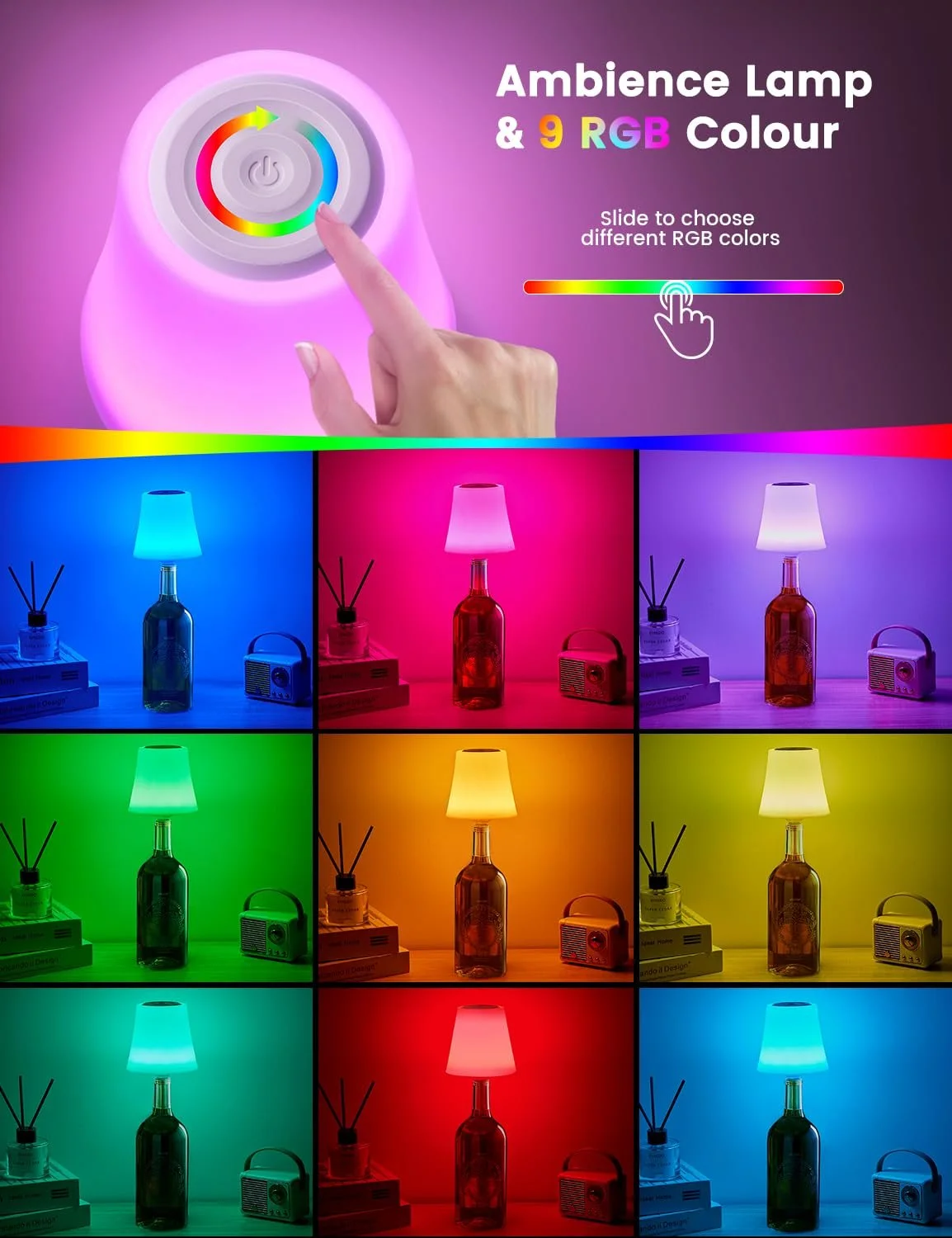 Настільні лампи-насадки на пляшку Набір із 2 шт LED Бездротові IP54 Акумуляторні 3 режими RGB Димовані, фото №3