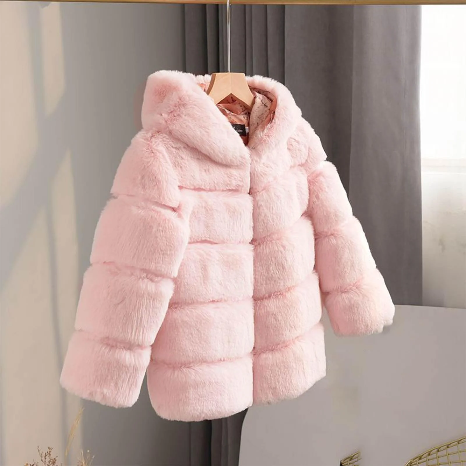 Зимова куртка з штучного хутра для дівчаток, перехідна куртка з капюшоном, фото №3
