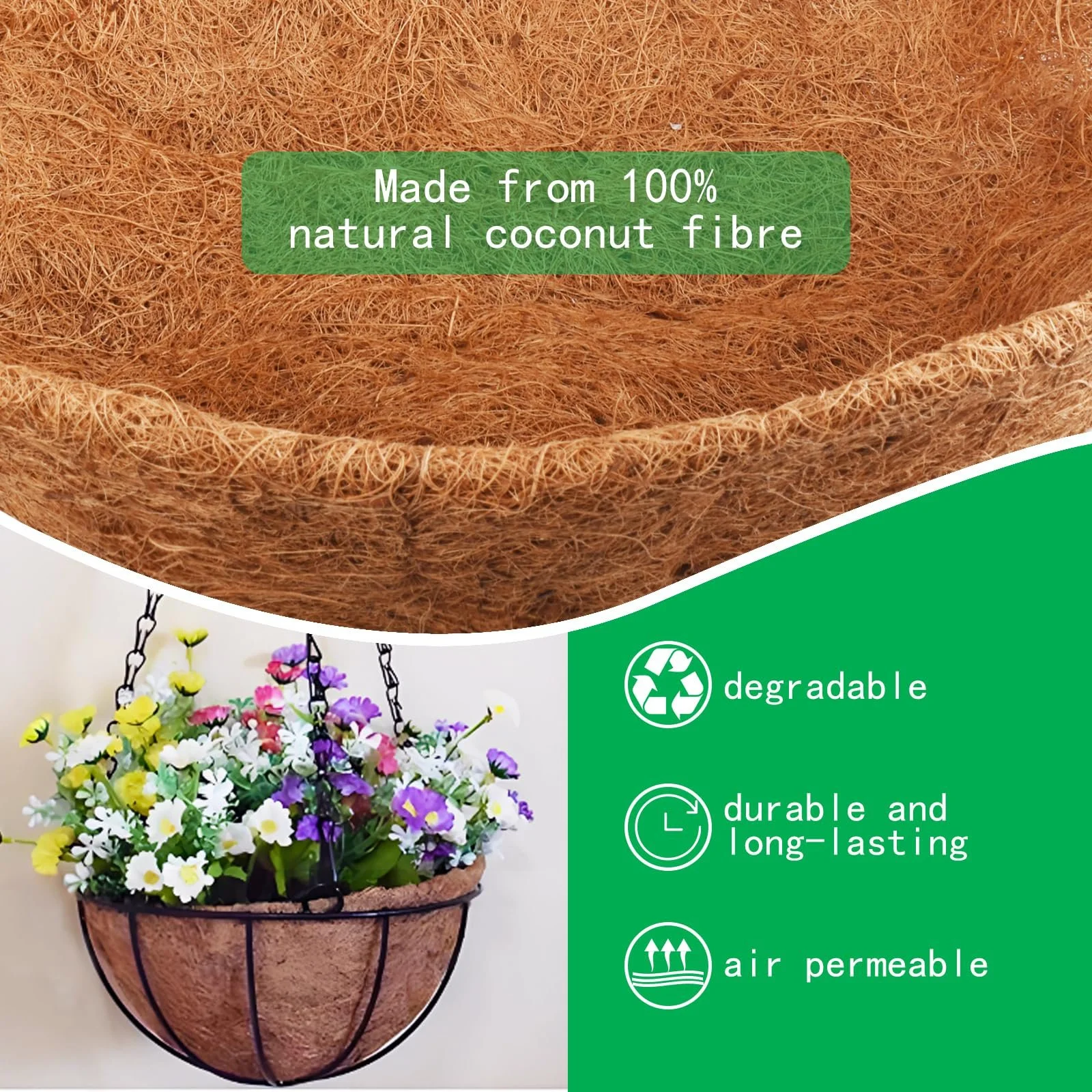 Вкладиші для підвісних кошиків напівкруглі з кокосового волокна 12 дюймів (30.5 см) Набір 3 шт., фото №4 Вкладиші для підвісних кошиків напівкруглі з кокосового волокна 12 дюймів (30.5 см) Набір 3 шт., фото №4