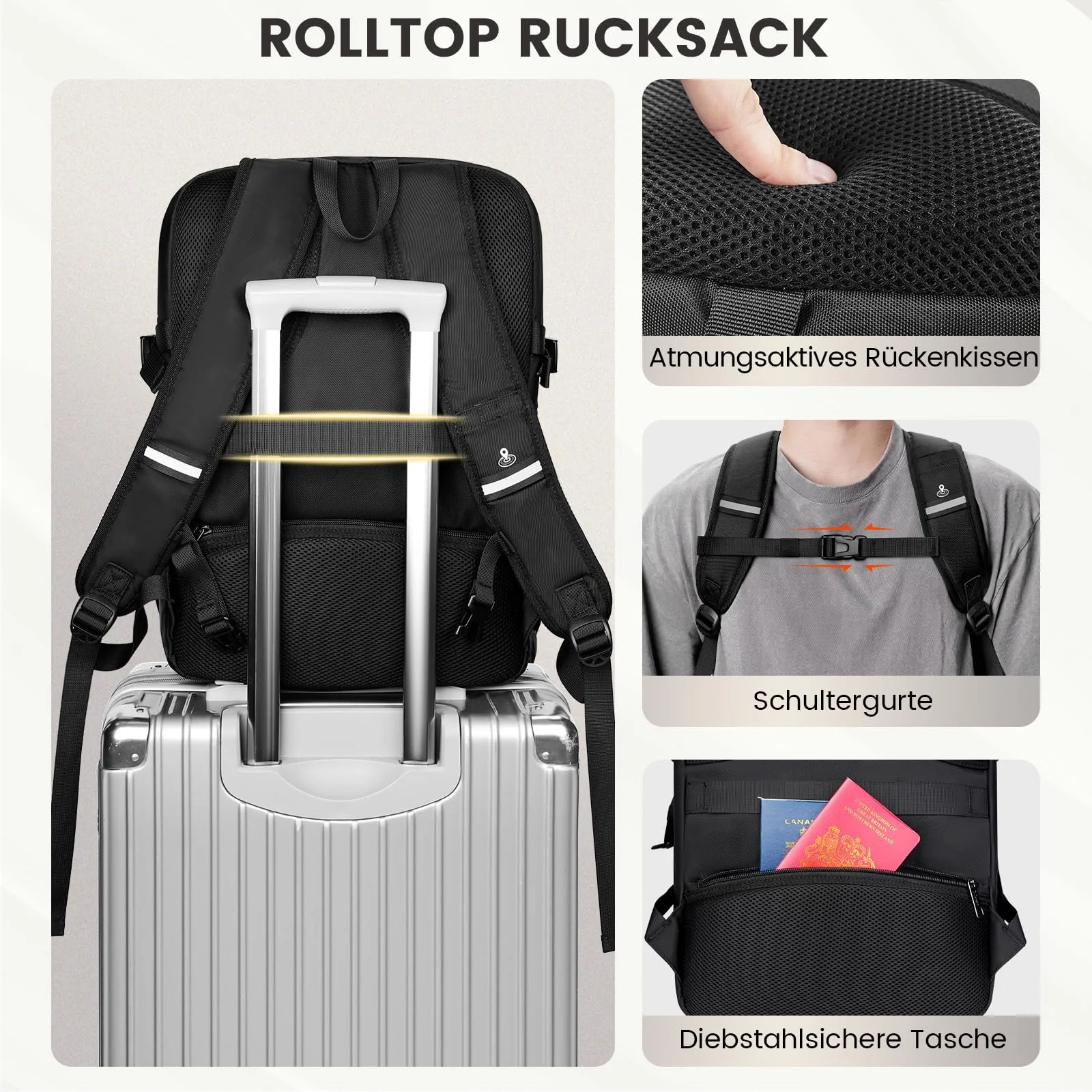 Рюкзак для ноутбука MATEIN Rolltop Мужской Водонепроницаемый 36 л 17.3 дюйма с USB и RFID Черный, фото №7 Рюкзак для ноутбука MATEIN Rolltop Мужской Водонепроницаемый 36 л 17.3 дюйма с USB и RFID Черный, фото №7