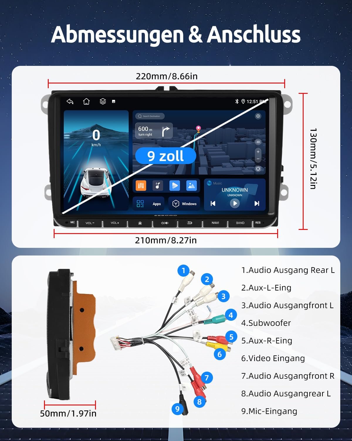 Автомагнітола Essgoo для VW Golf 5 6 Touran B6 EOS Tiguan Polo 4+64G Carplay 9 дюймів Android 14 Бездротова, Bluetooth, GPS, RDS, навігація, Mirror Link, FM, SWC, фото №7