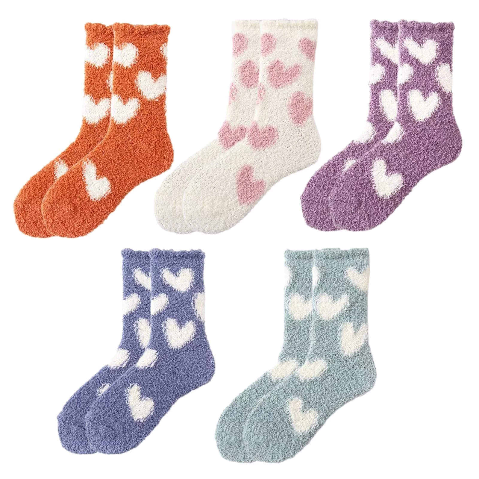 Носки Женские Пушистые 5 пар Теплые эластичные носки для сна Зимние мягкие термоноски Толстые носки для дома Рождественские (Узор сердце), фото №1
