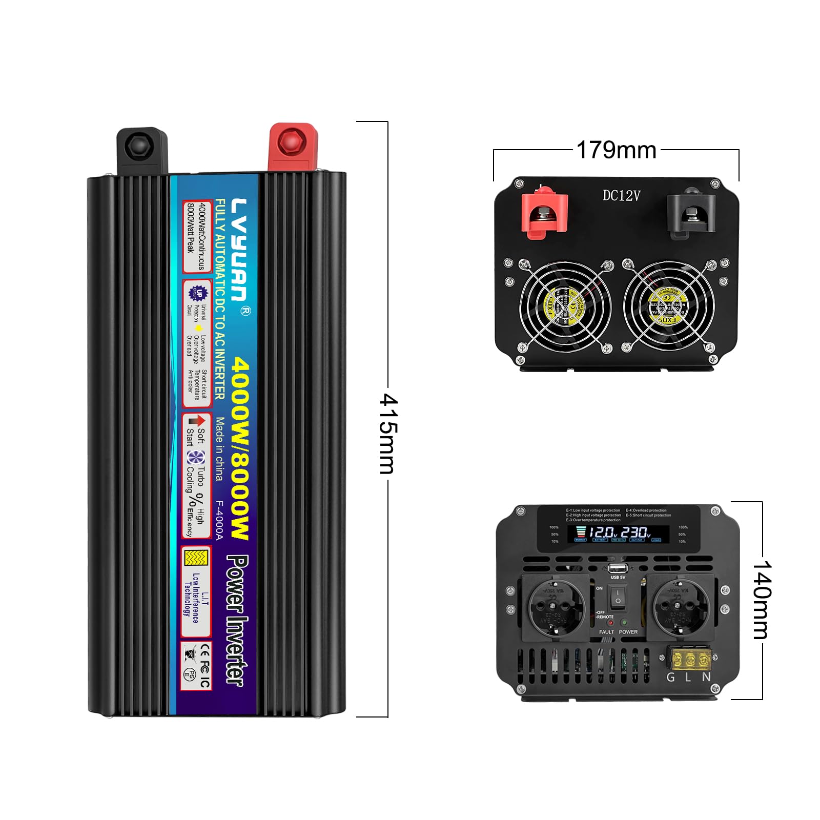 Інвертор Напруга 12V 230V 4000W / 8000W з бездротовим пультом керування, 2 розетки 1 USB та LED дисплей, фото №5