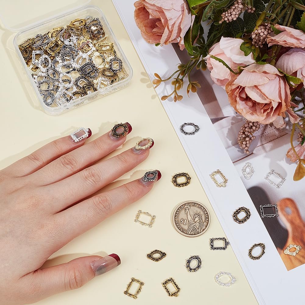 Украшения для ногтей прямоугольные OLYCRAFT 20 стилей 112 шт. Металлические 3D овальные готические Плоская задняя часть Заклепки для ногтей Ретро Золото Серебро Винтажный панк, фото №3