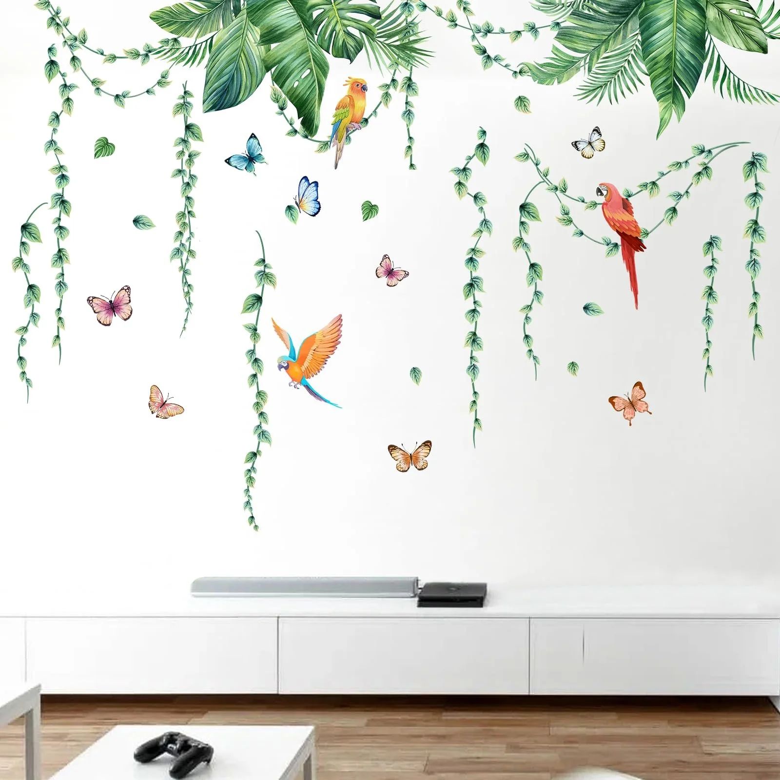 Наклейка на стіну Tropical Leaves Plant Hanging Vines Green Palm Leaves Birds Зелений, фото №4