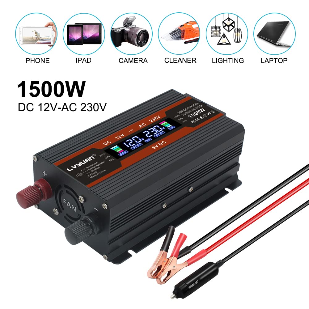 Перетворювач напруги Cantonape Інвертор 12 В 230 В 750 Вт LCD + 2 USB роз'єми з автомобільним прикурювачем та затискачами для автомобільного акумулятора, фото №2