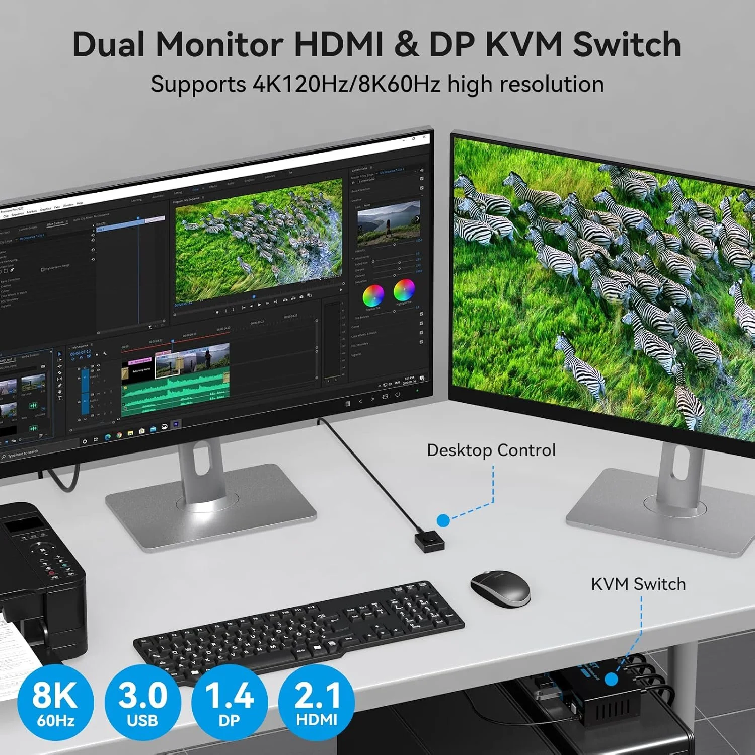KVM-переключатель CMSTEDCD 8K 60Hz / 4K 120Hz для 2 ПК и 2 мониторов (DisplayPort + HDMI) / USB 3.0 Hub / с пультом ДУ / Черный, фото №3