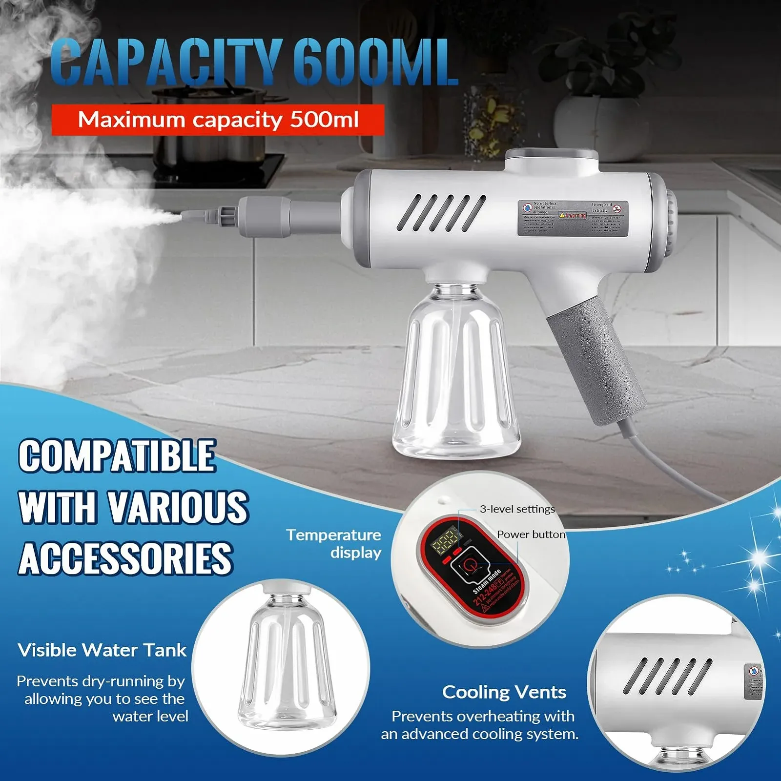 Ручний пароочисник 1500 Вт 8 аксесуарів 500 мл 3 бар, фото №1