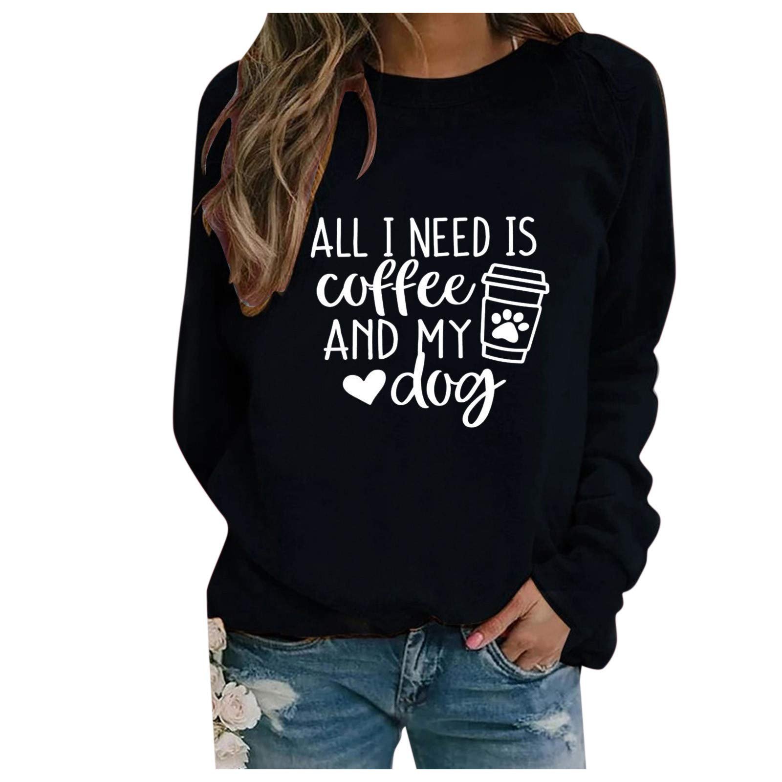 Однотонный свитшот All I Need Is Coffee and My Dog для женщин, милый, для тренировок, повседневный, осенний, с круглым вырезом, готический, 2025, однотонный, эстетичный, фото №1