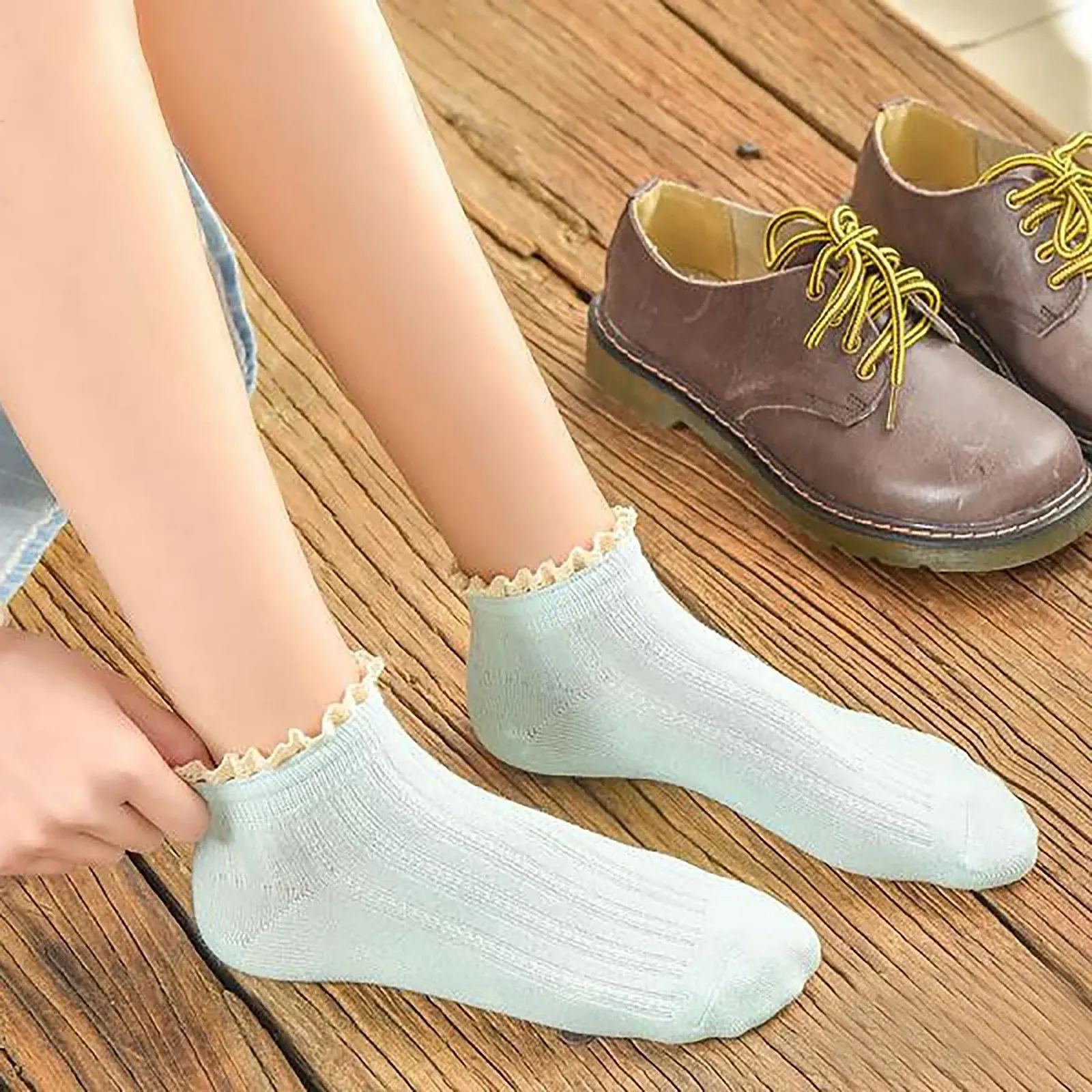 Набор носков женских хлопковых для кроссовок 5 пар | Простой дизайн с кружевом | One Size UK 2-7, разноцветные, фото №4