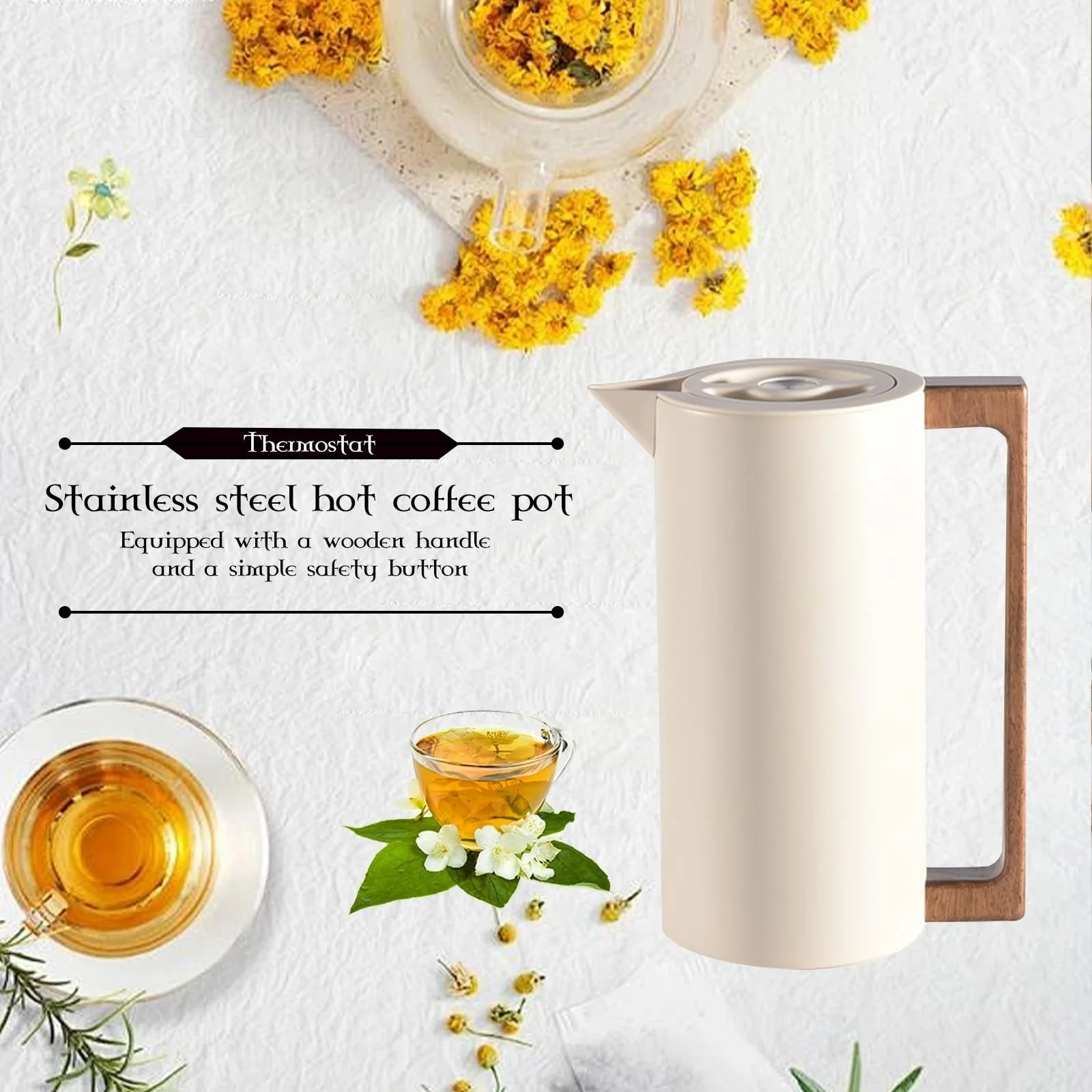 Термос Кавник з нержавіючої сталі з вакуумною ізоляцією, дерев'яною ручкою та простою кнопкою безпеки, 0.6 л, фото №2